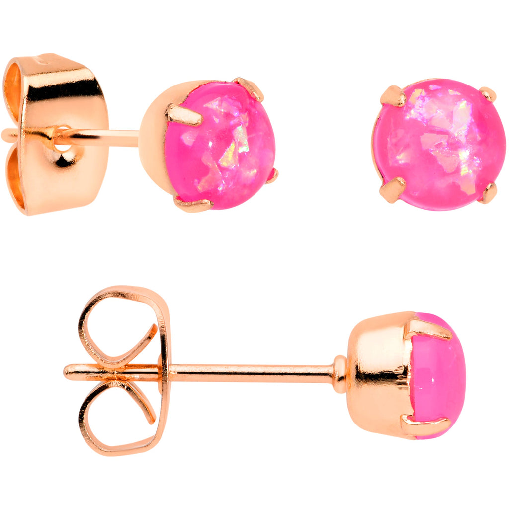 BodyCandy 20G Pink Faux Opal Rose Gold Tone 3mm 5mm Stud Earrings Set of 3 — detail close-up