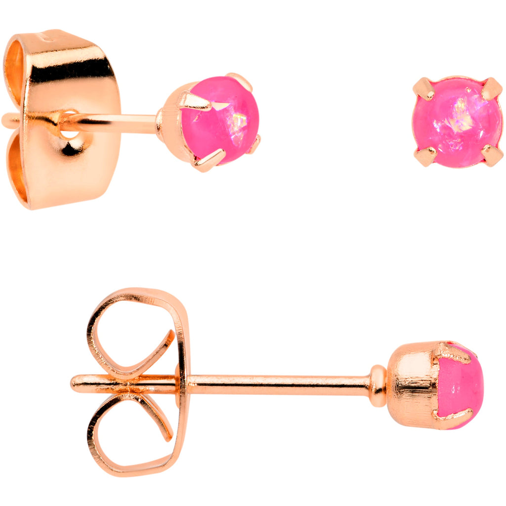 BodyCandy 20G Pink Faux Opal Rose Gold Tone 3mm 5mm Stud Earrings Set of 3 — side view