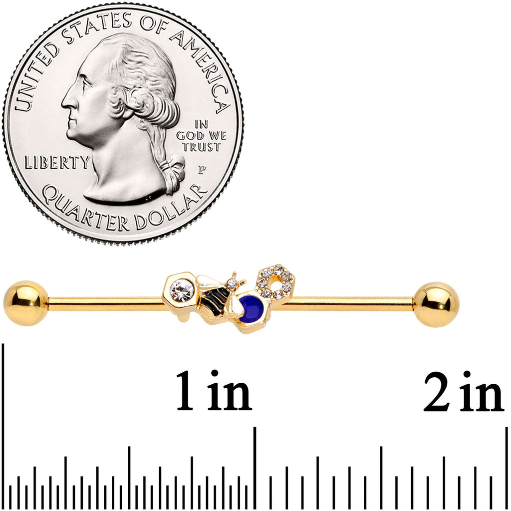 BodyCandy 14G Clear CZ Gem Gold Tone Lovely Bee Industrial Barbell 38mm — detail close-up
