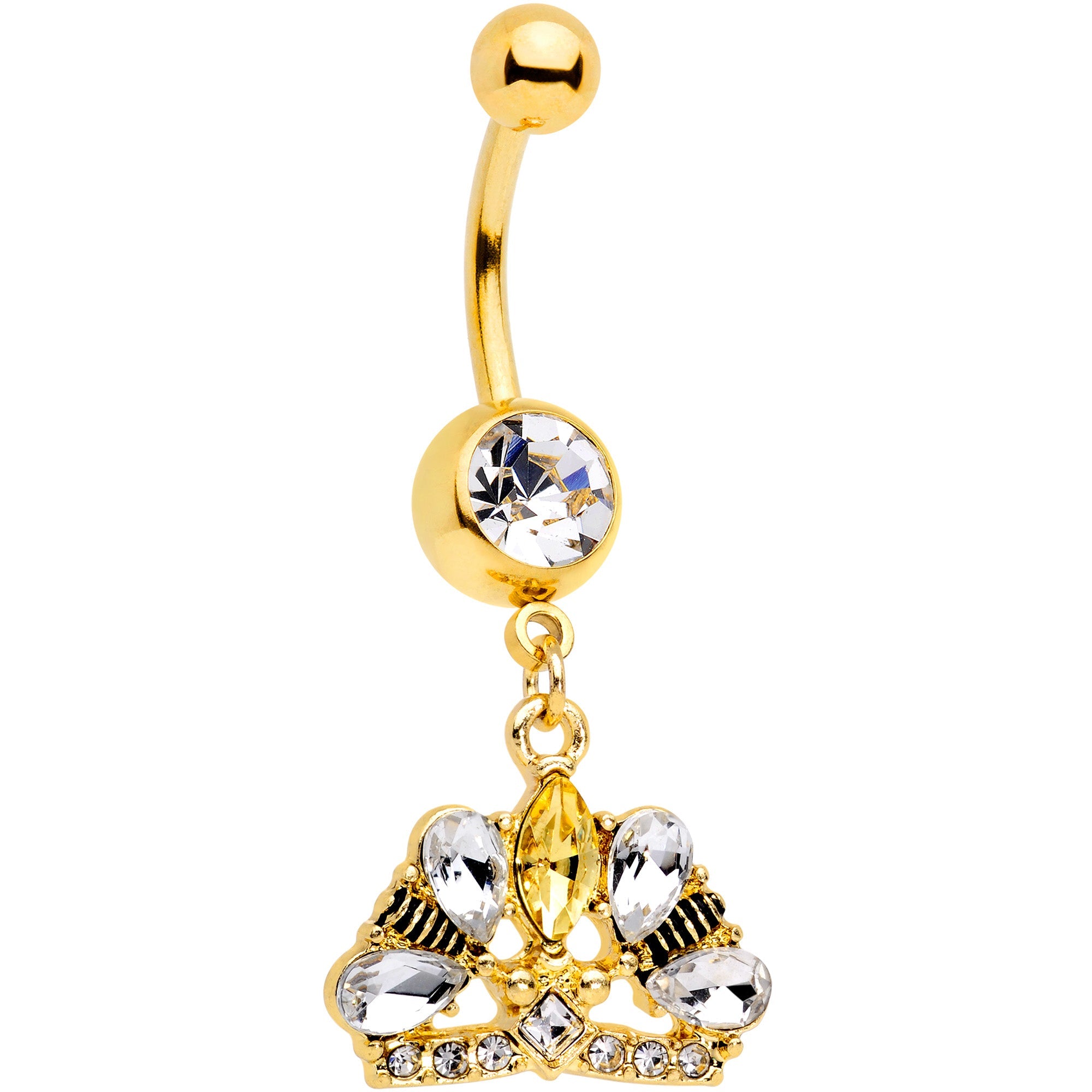 BodyCandy Clear CZ Gem Gold Tone Lavish Crown Dangle Belly Ring — main product shot