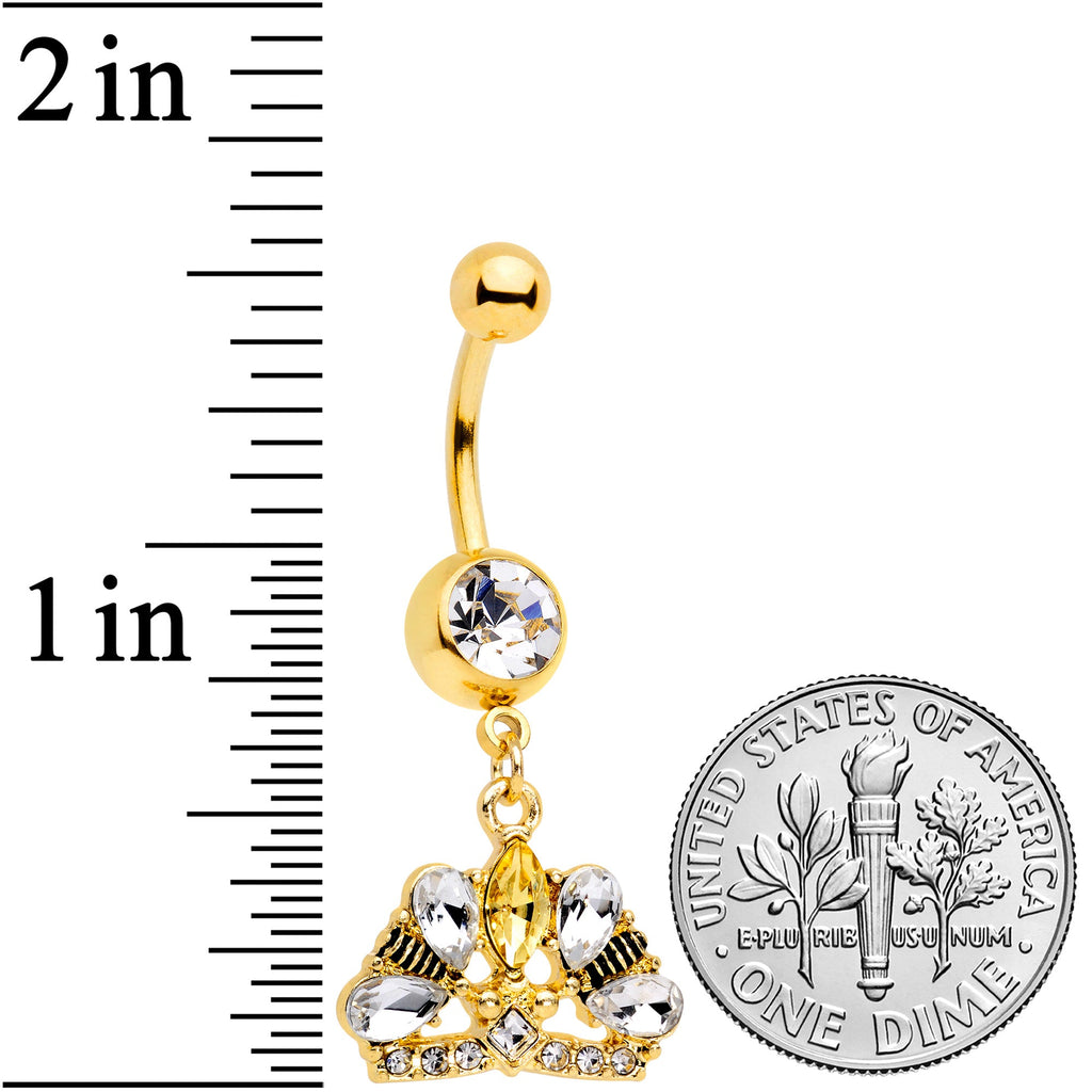 BodyCandy Clear CZ Gem Gold Tone Lavish Crown Dangle Belly Ring — detail close-up