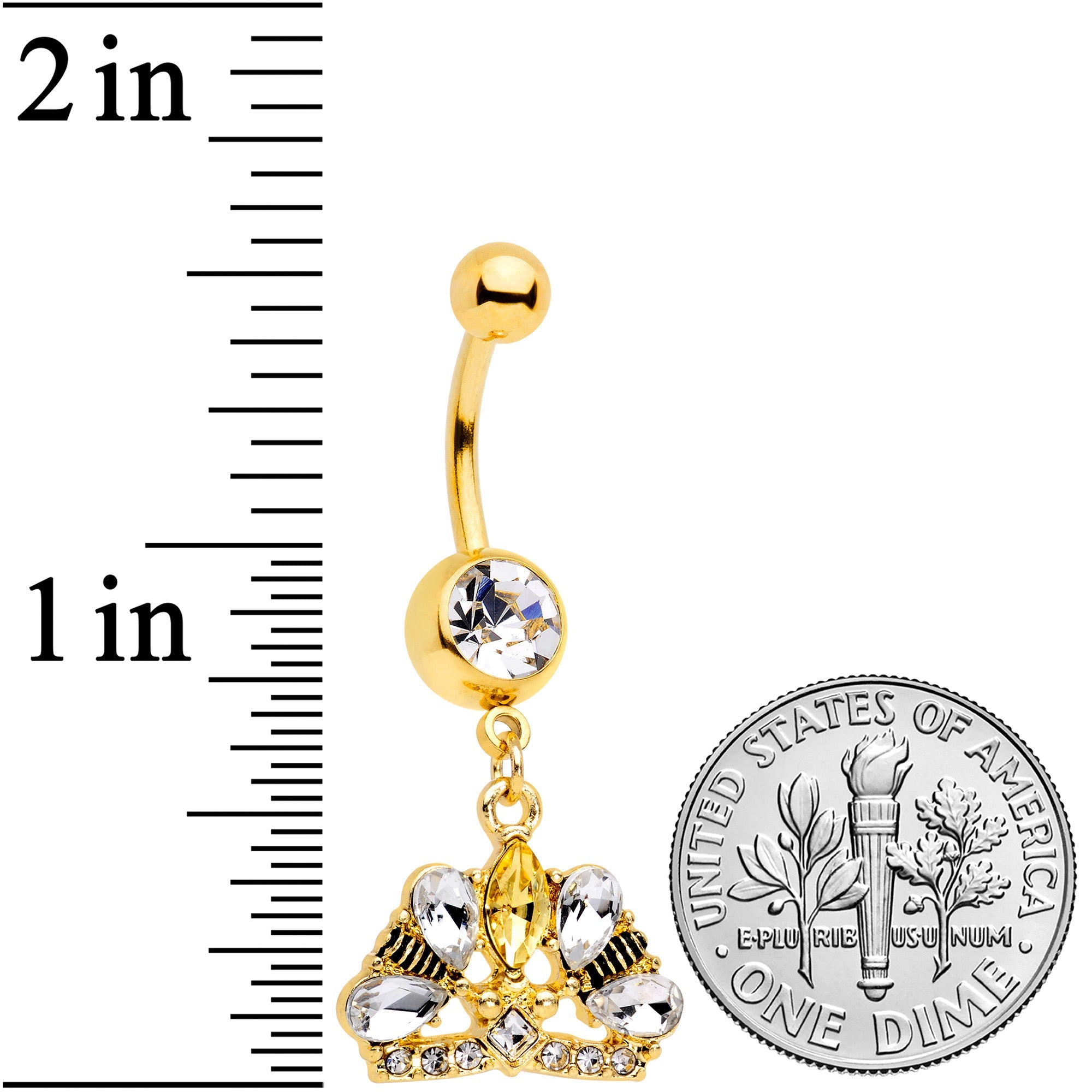 BodyCandy Clear CZ Gem Gold Tone Lavish Crown Dangle Belly Ring — detail close-up
