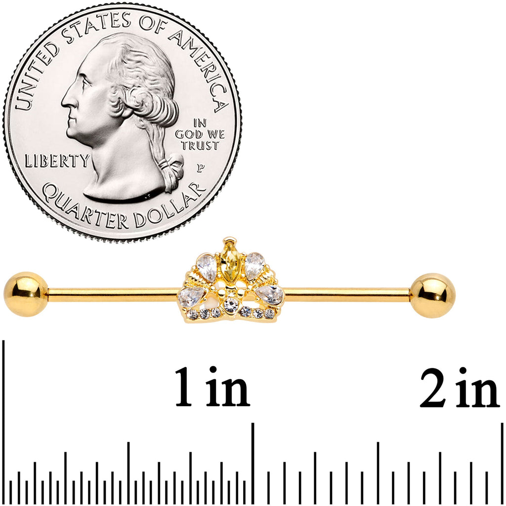 BodyCandy 14G Clear CZ Gem Gold Tone Lavish Crown Industrial Barbell 38mm — detail close-up