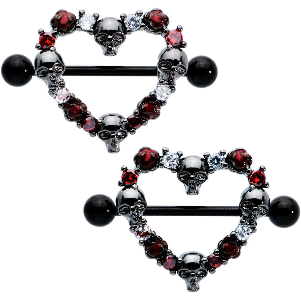 BodyCandy 14G 7/8 Red CZ Gem Black Skull Heart Halloween Nipple Shield Set — main product shot