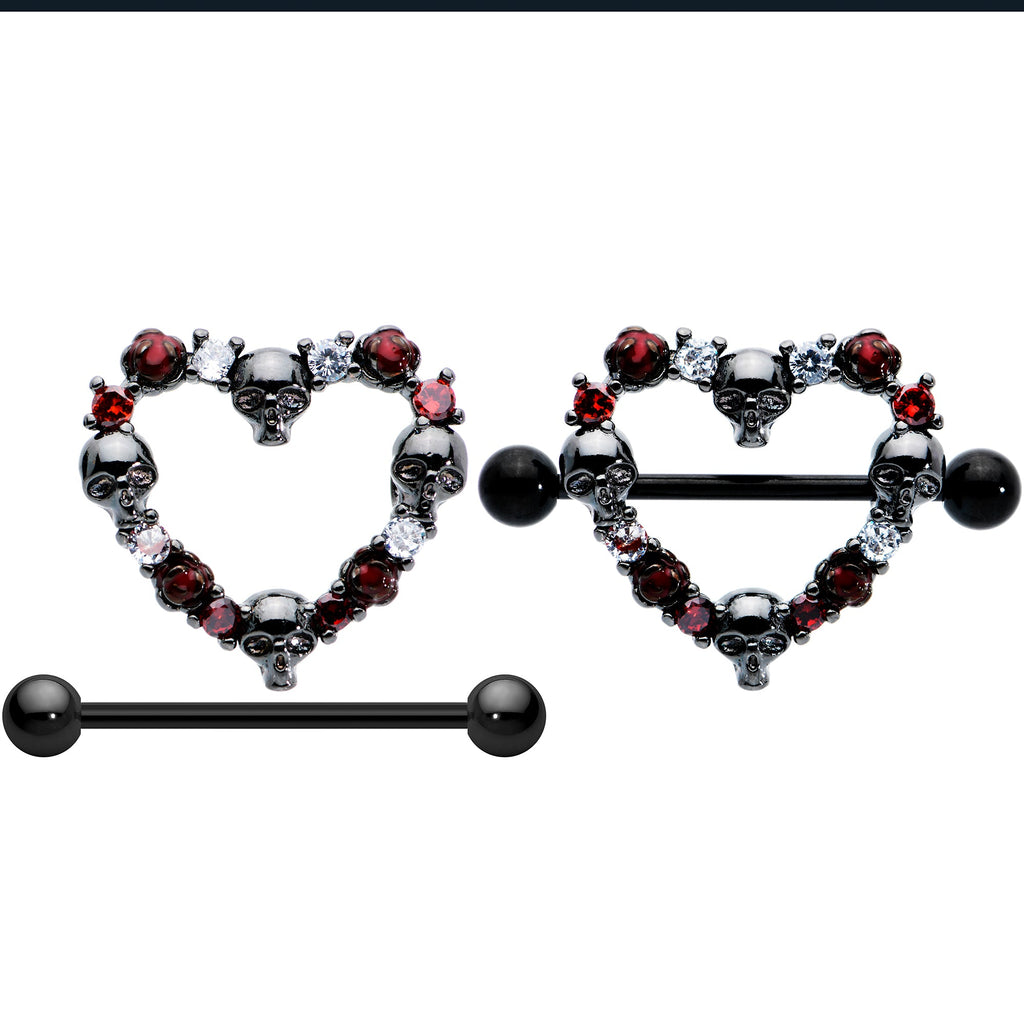BodyCandy 14G 7/8 Red CZ Gem Black Skull Heart Halloween Nipple Shield Set — in-use photo