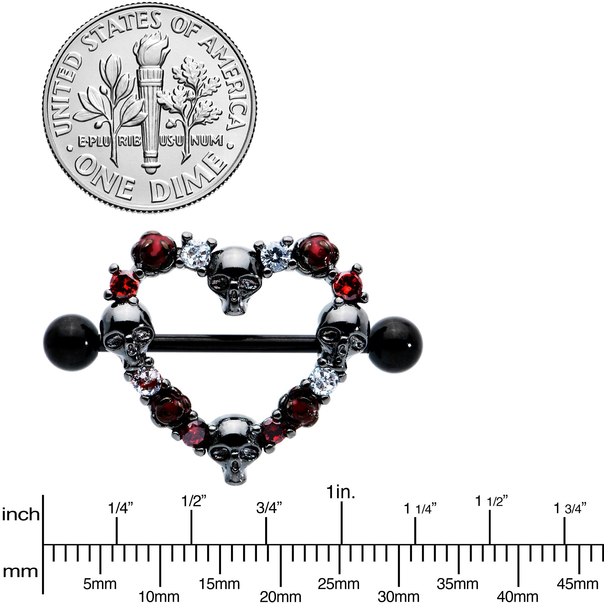 BodyCandy 14G 7/8 Red CZ Gem Black Skull Heart Halloween Nipple Shield Set — alternative angle
