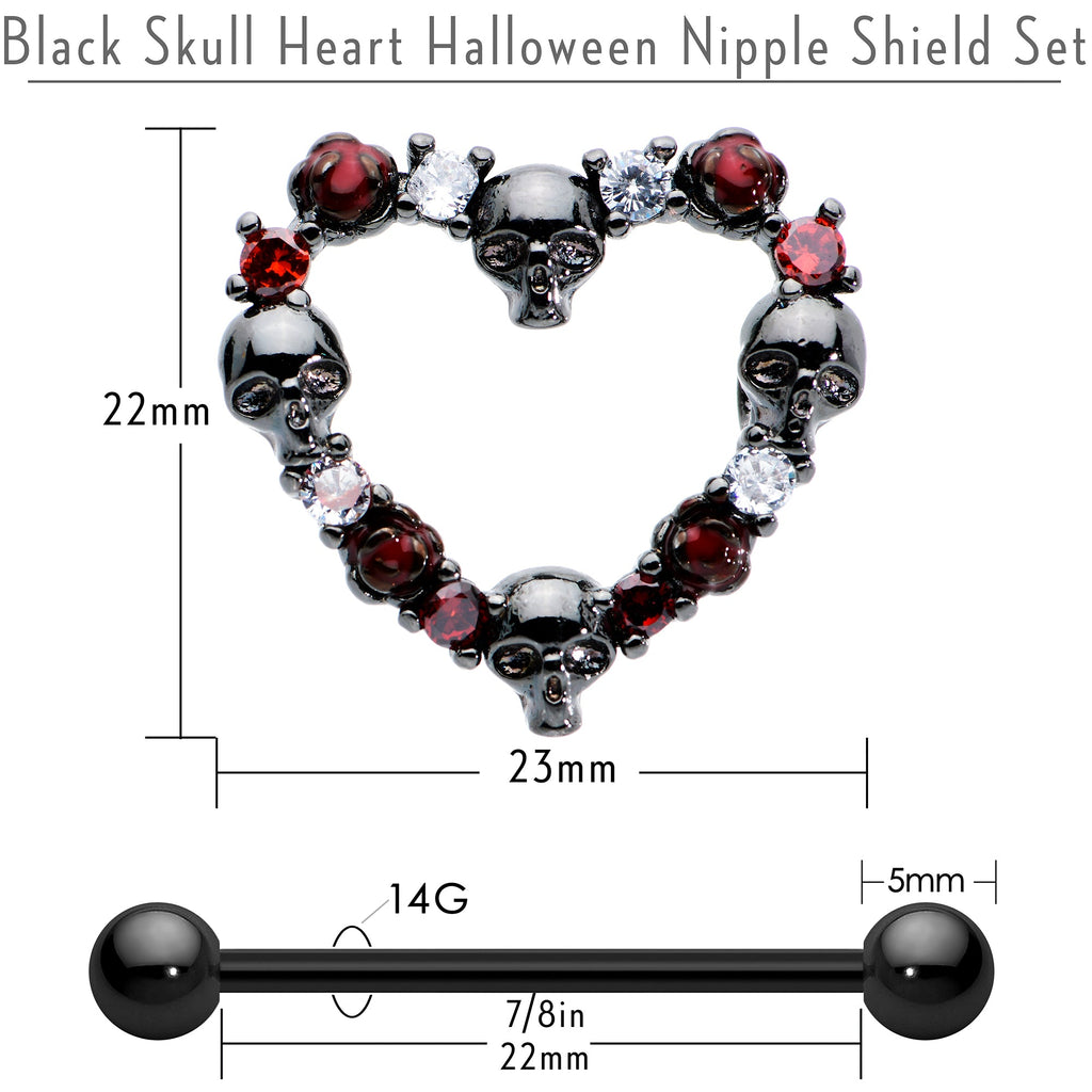 BodyCandy 14G 7/8 Red CZ Gem Black Skull Heart Halloween Nipple Shield Set — back view
