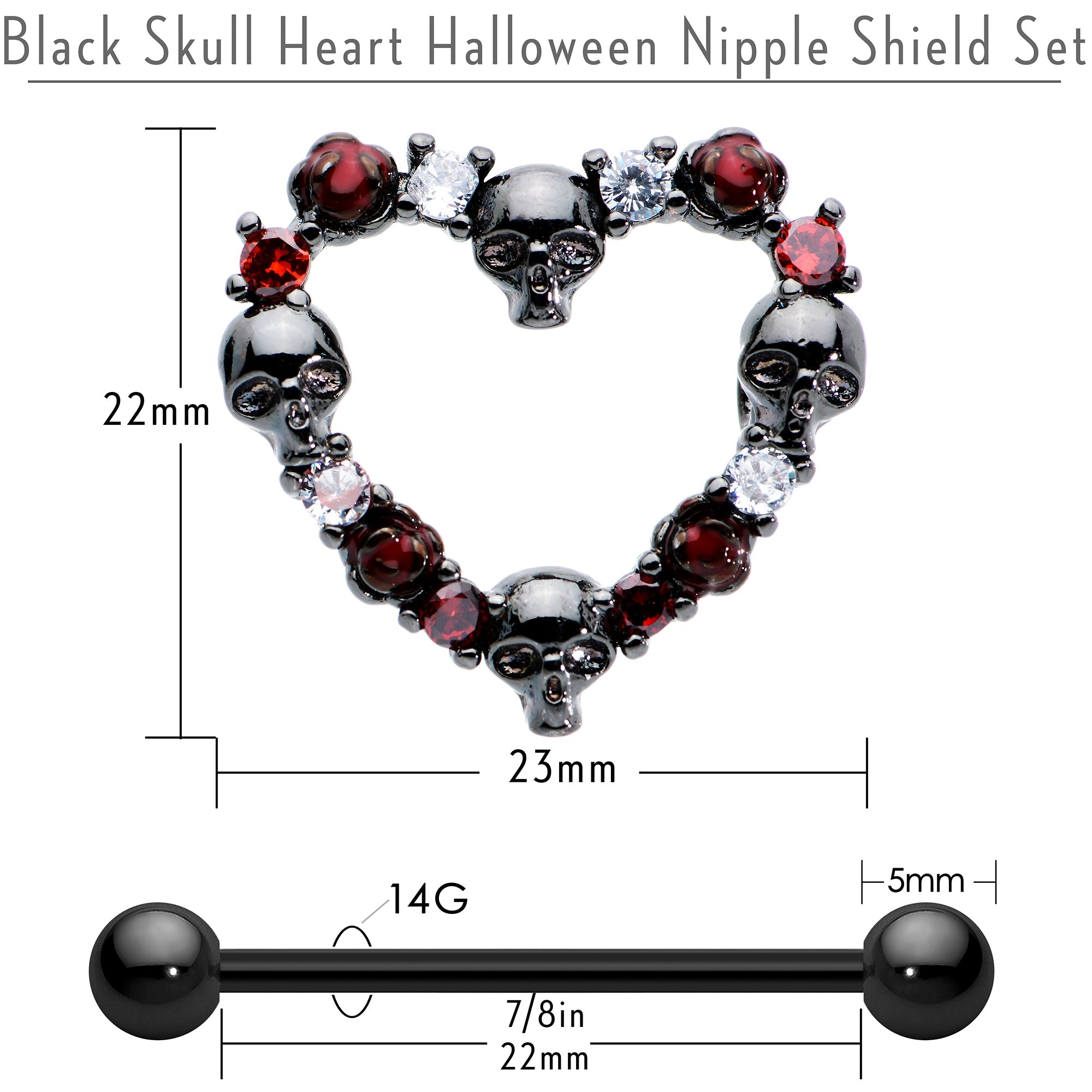 BodyCandy 14G 7/8 Red CZ Gem Black Skull Heart Halloween Nipple Shield Set — back view