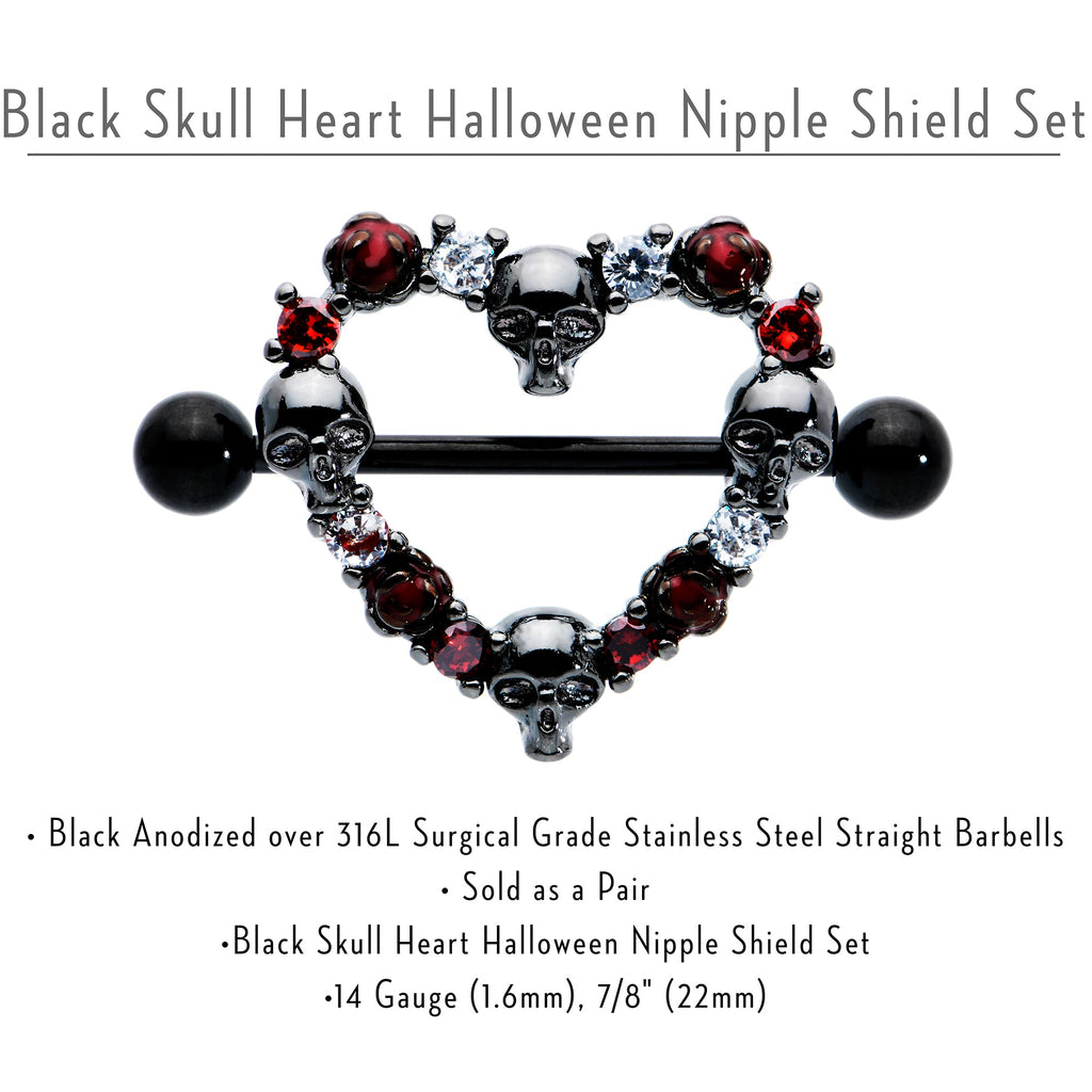 BodyCandy 14G 7/8 Red CZ Gem Black Skull Heart Halloween Nipple Shield Set — side view