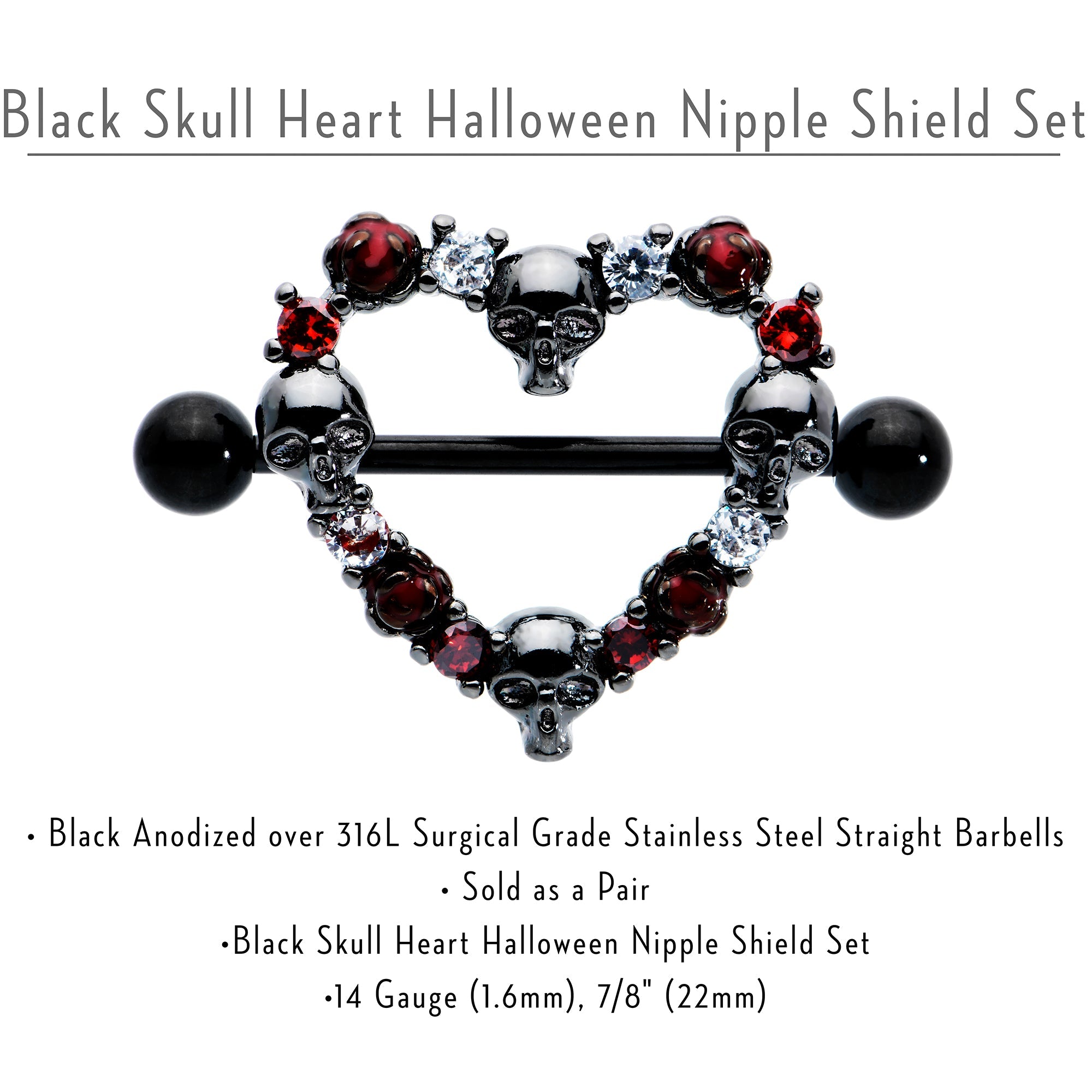 BodyCandy 14G 7/8 Red CZ Gem Black Skull Heart Halloween Nipple Shield Set — side view