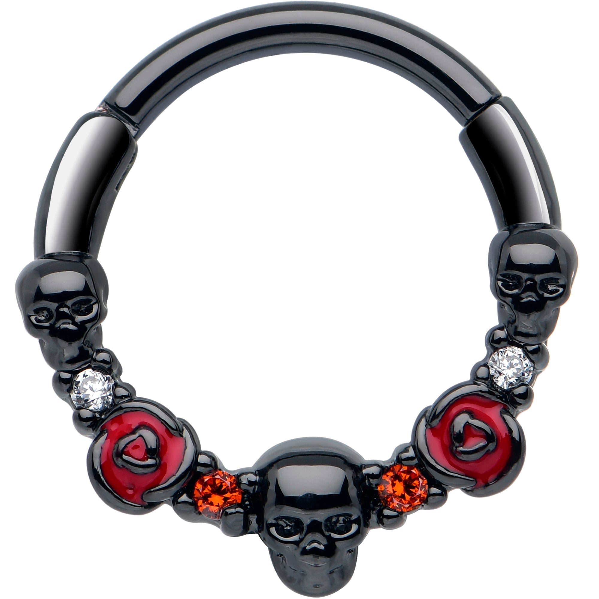 BodyCandy 16G 3/8 Red Clear CZ Gem Black Skull Halloween Hinged Segment Ring — main product shot