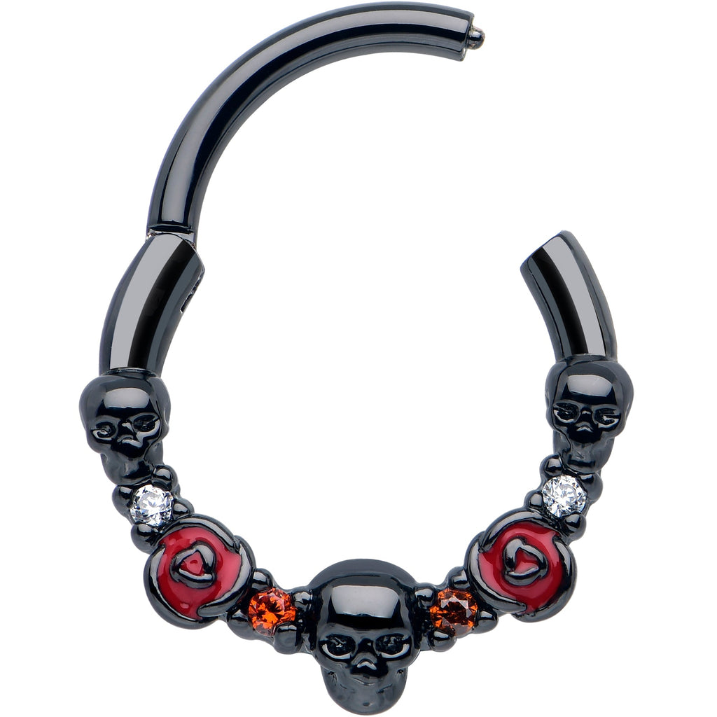 BodyCandy 16G 3/8 Red Clear CZ Gem Black Skull Halloween Hinged Segment Ring — detail close-up