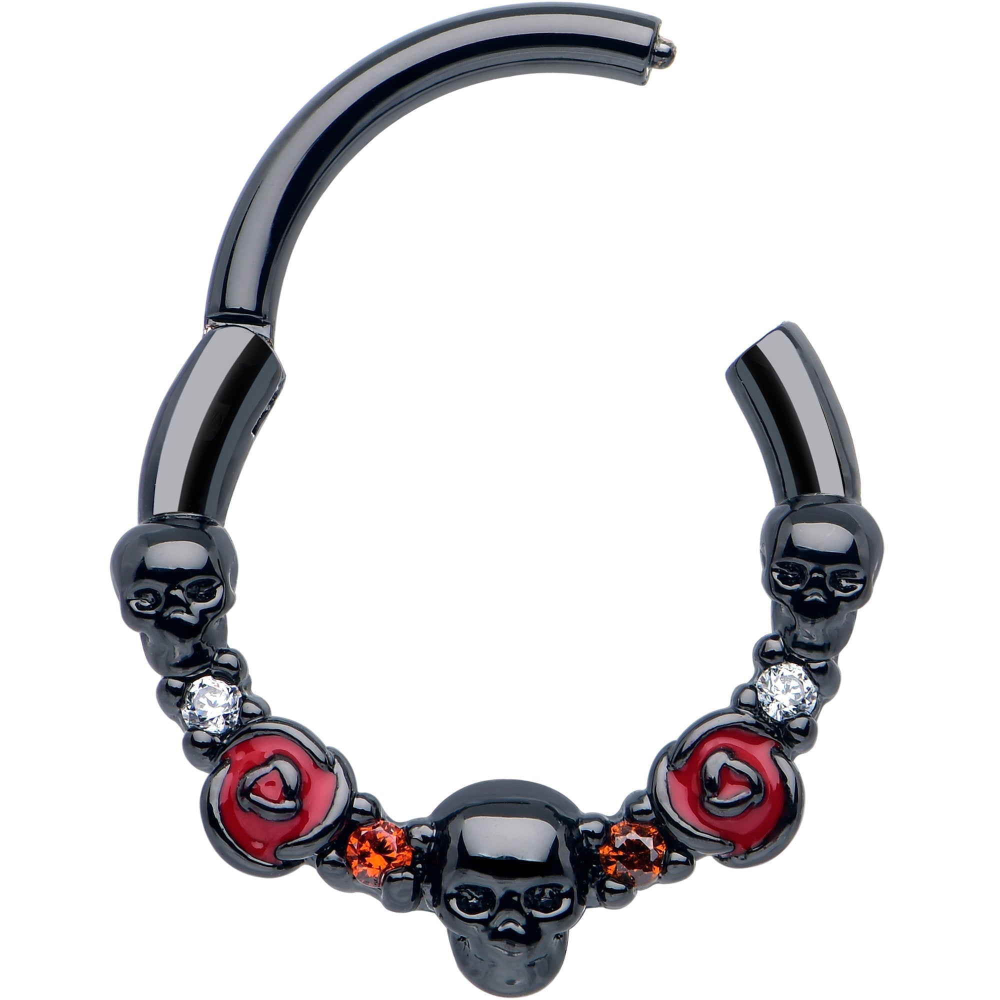 BodyCandy 16G 3/8 Red Clear CZ Gem Black Skull Halloween Hinged Segment Ring — detail close-up