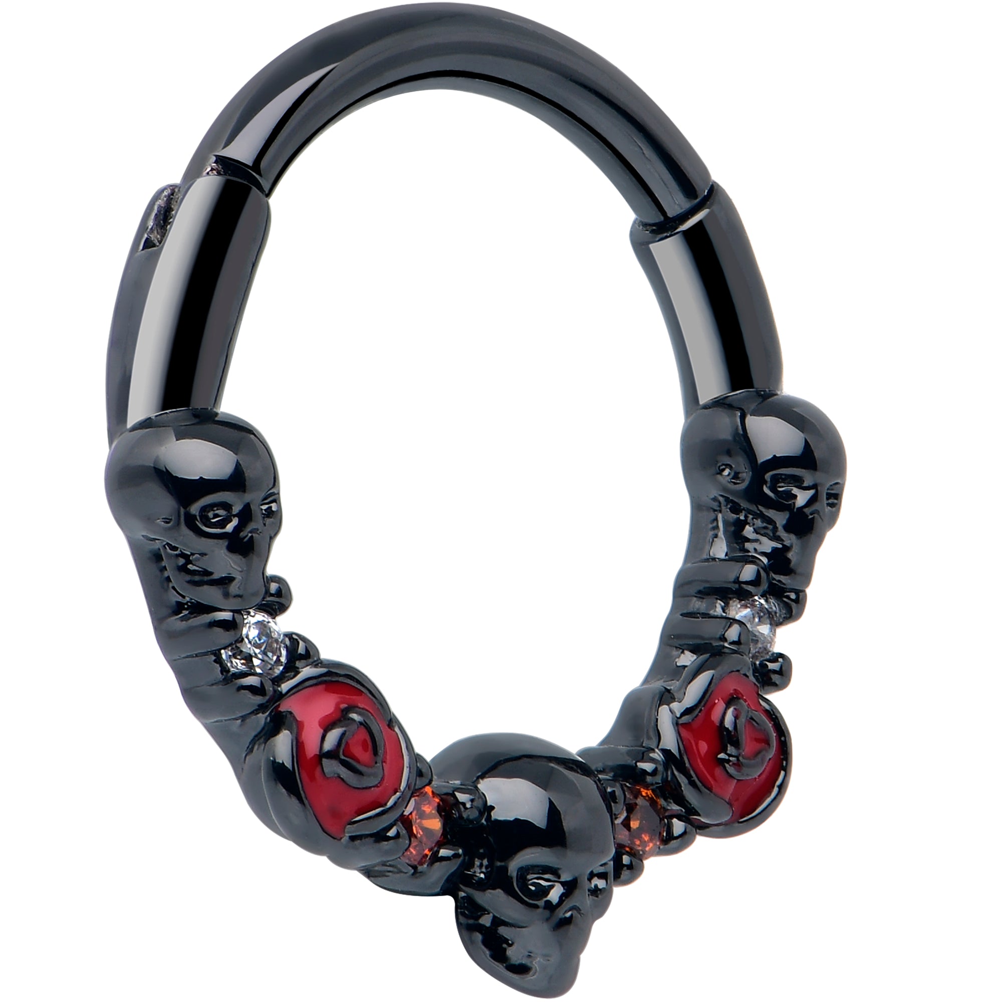 BodyCandy 16G 3/8 Red Clear CZ Gem Black Skull Halloween Hinged Segment Ring — lifestyle context