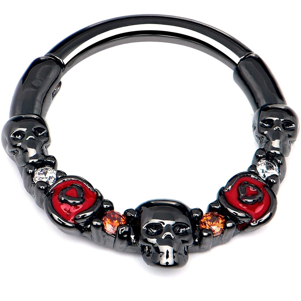 BodyCandy 16G 3/8 Red Clear CZ Gem Black Skull Halloween Hinged Segment Ring — side view