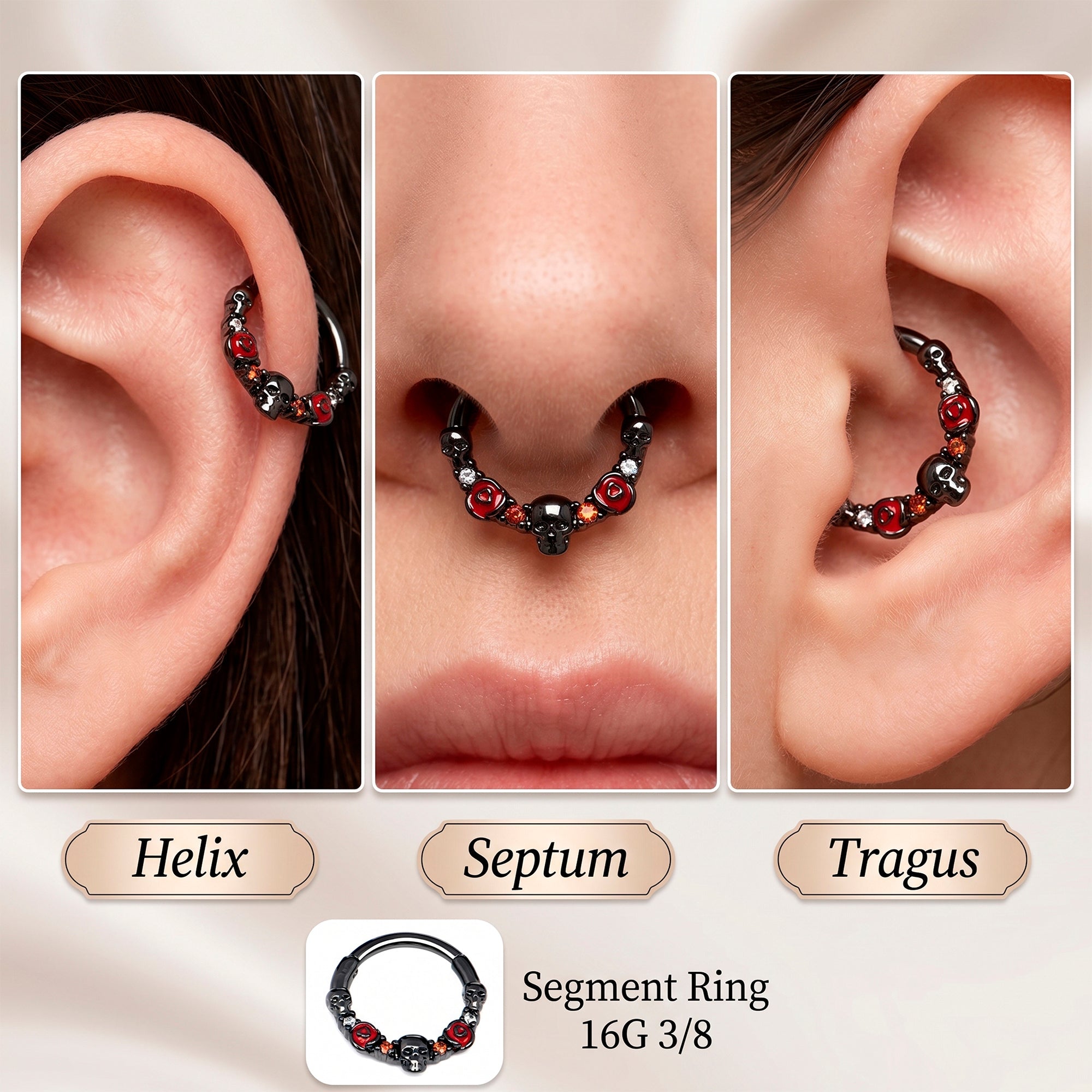BodyCandy 16G 3/8 Red Clear CZ Gem Black Skull Halloween Hinged Segment Ring — back view