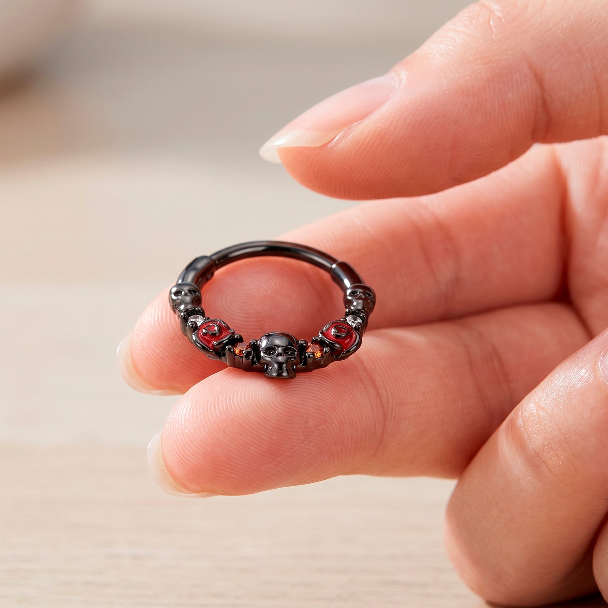 BodyCandy 16G 3/8 Red Clear CZ Gem Black Skull Halloween Hinged Segment Ring — alternative angle