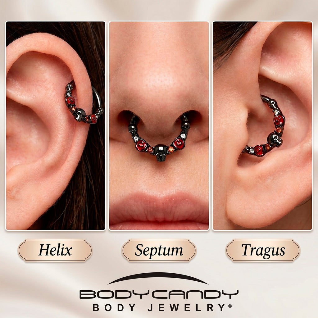BodyCandy 16G 3/8 Red Clear CZ Gem Black Skull Halloween Hinged Segment Ring — in-use photo