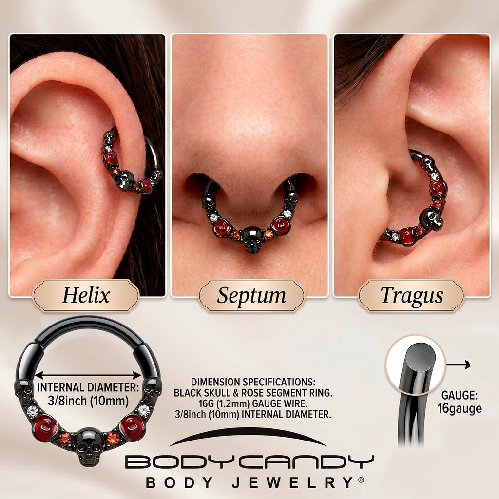 BodyCandy 16G 3/8 Red Clear CZ Gem Black Skull Halloween Hinged Segment Ring — size reference