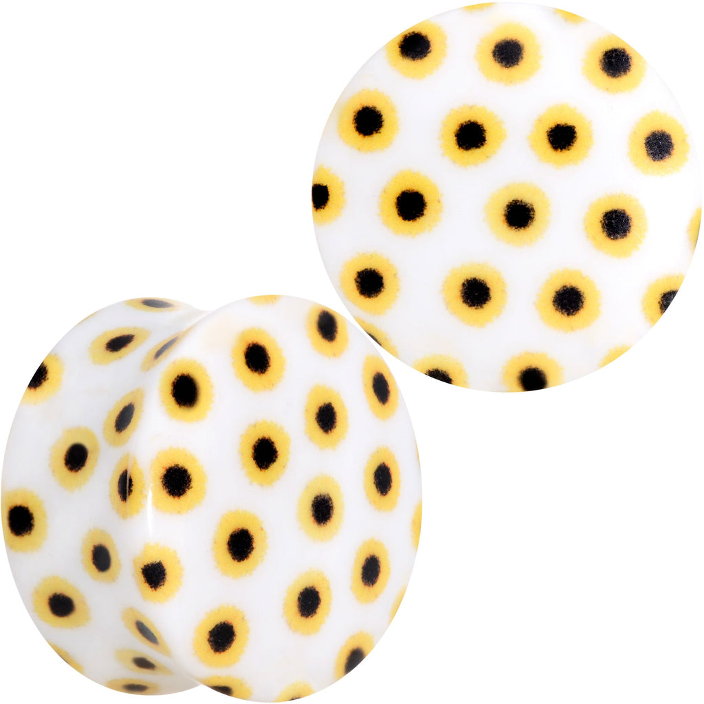 BodyCandy White Acrylic Scores of Sunflowers Double Flare Plug Set — flat-lay composition
