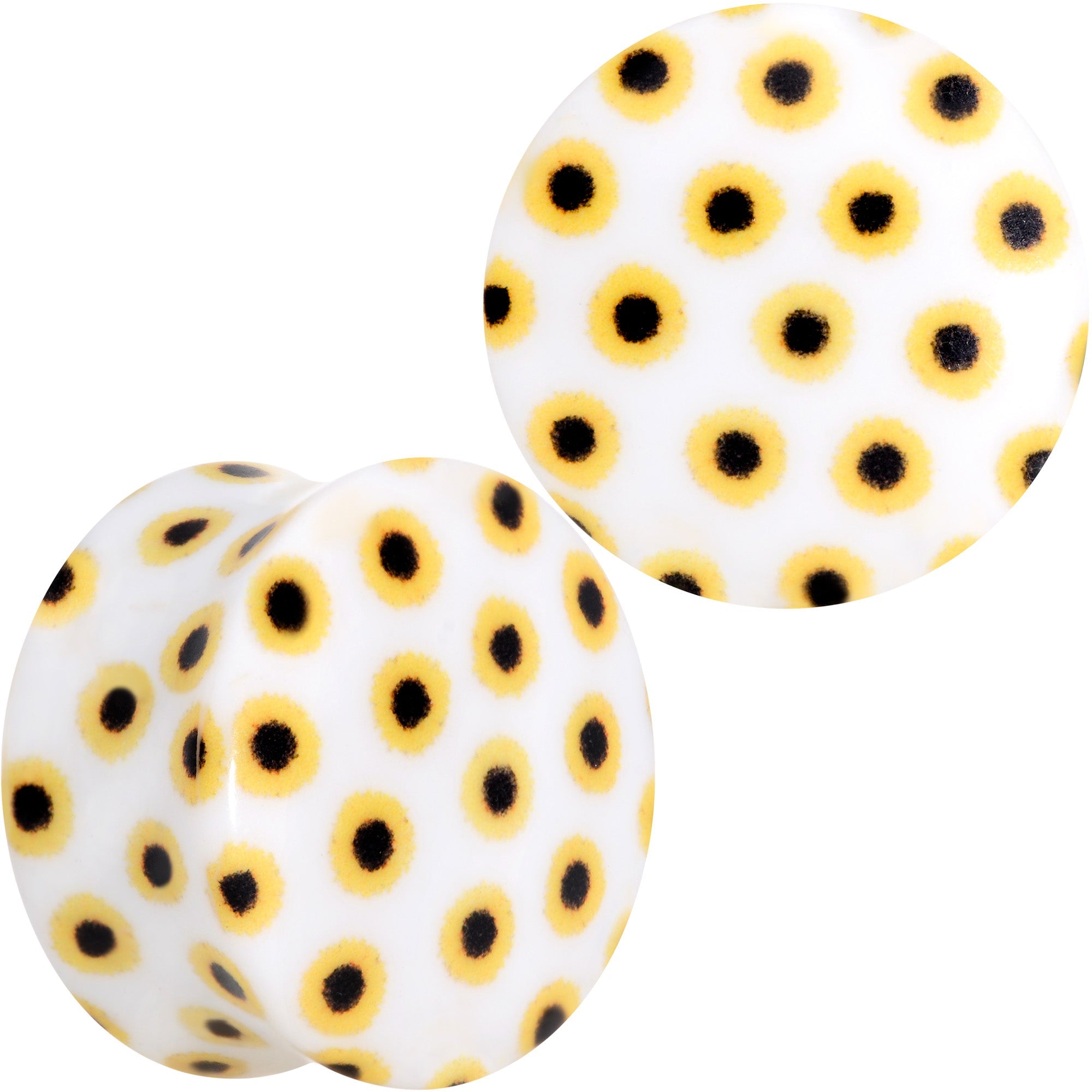 BodyCandy White Acrylic Scores of Sunflowers Double Flare Plug Set — flat-lay composition