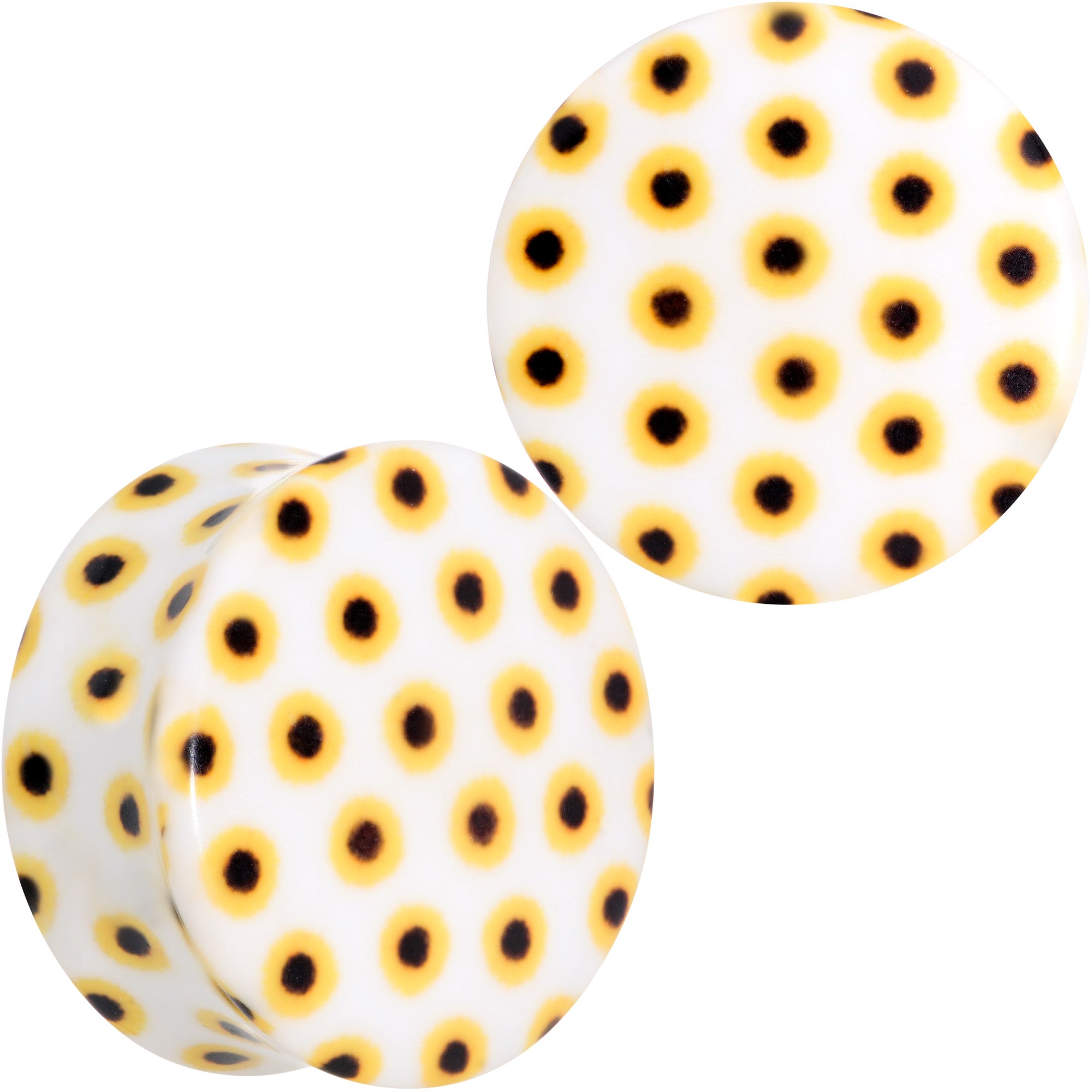 BodyCandy White Acrylic Scores of Sunflowers Double Flare Plug Set — detail close-up