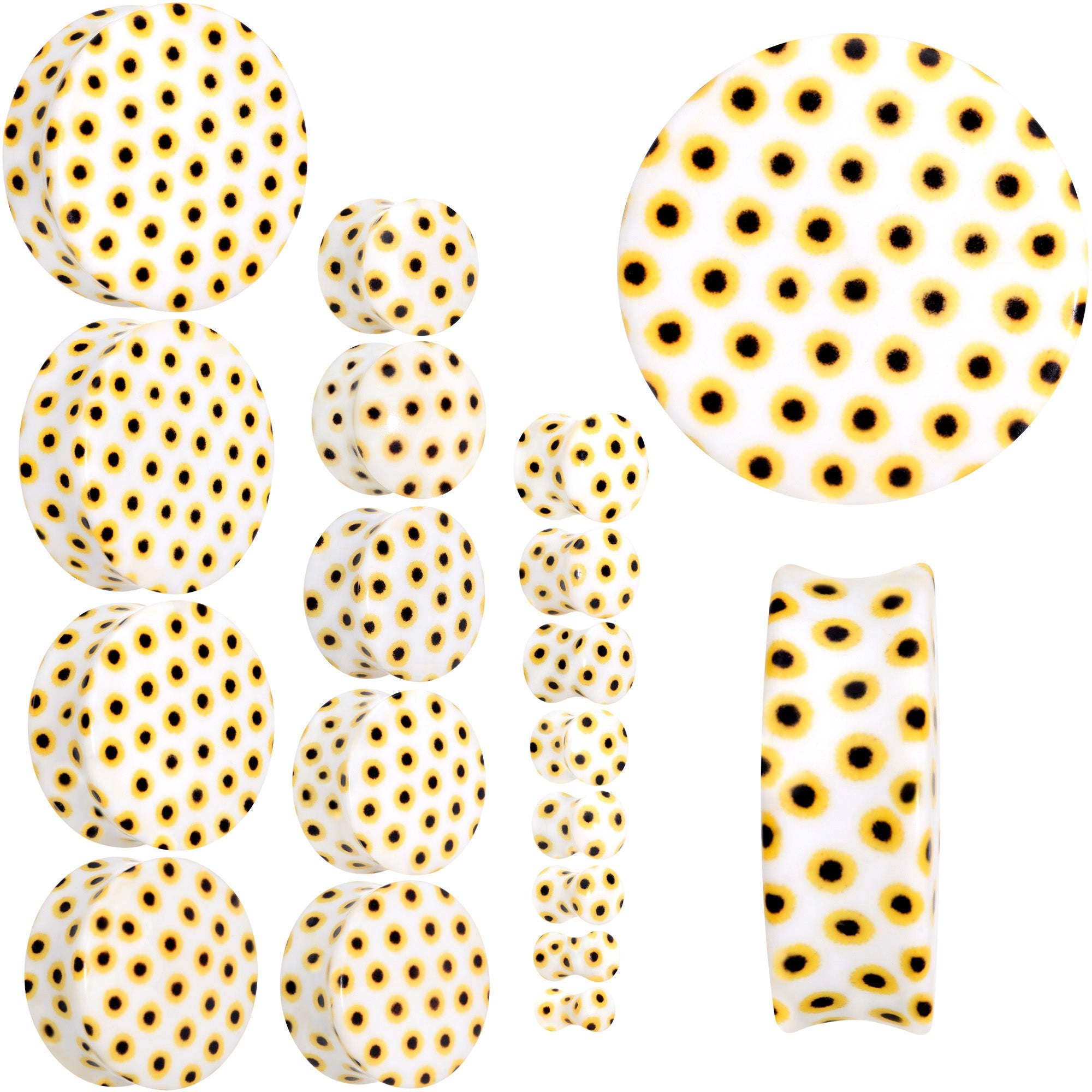 BodyCandy White Acrylic Scores of Sunflowers Double Flare Plug Set — main product shot