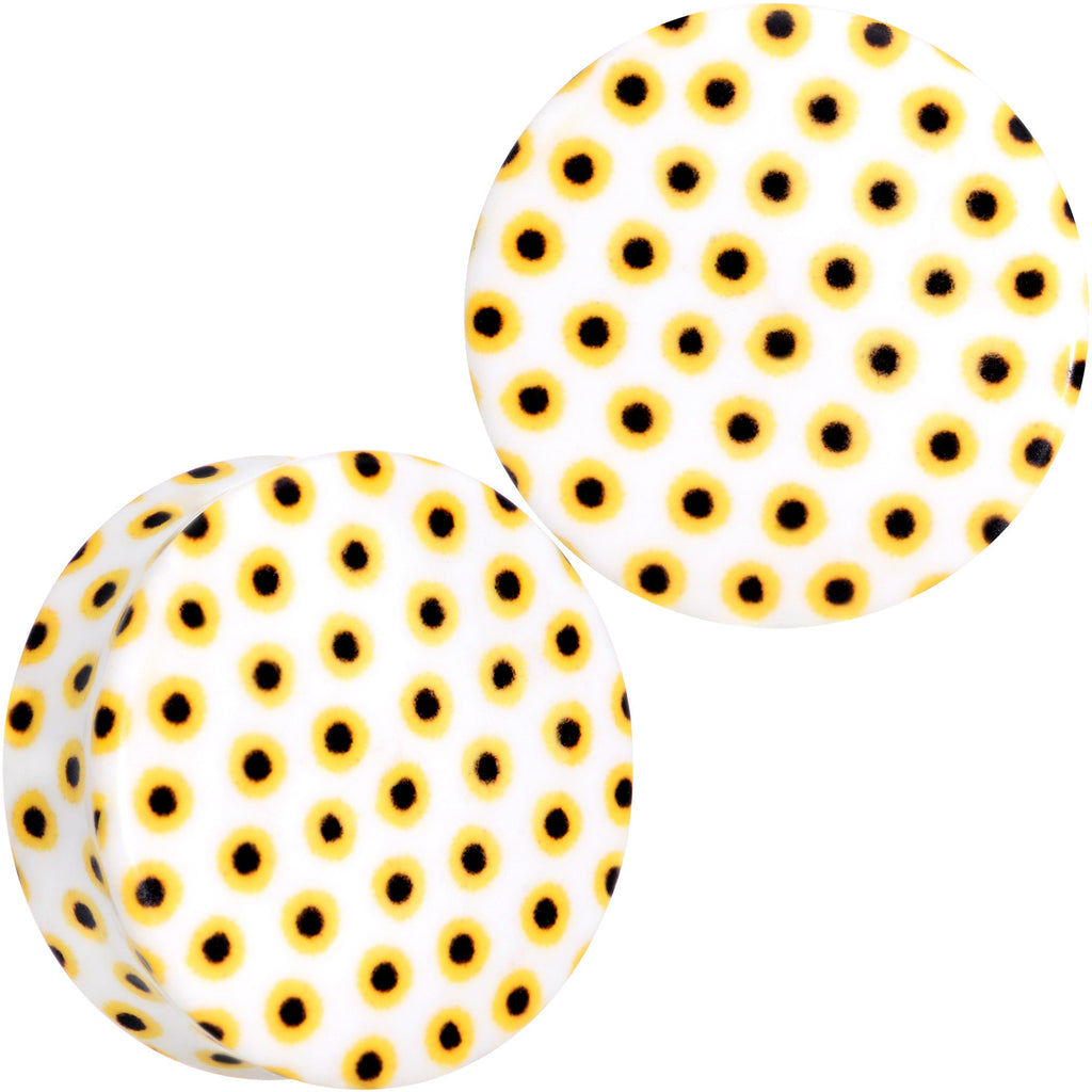 BodyCandy White Acrylic Scores of Sunflowers Double Flare Plug Set — detail close-up