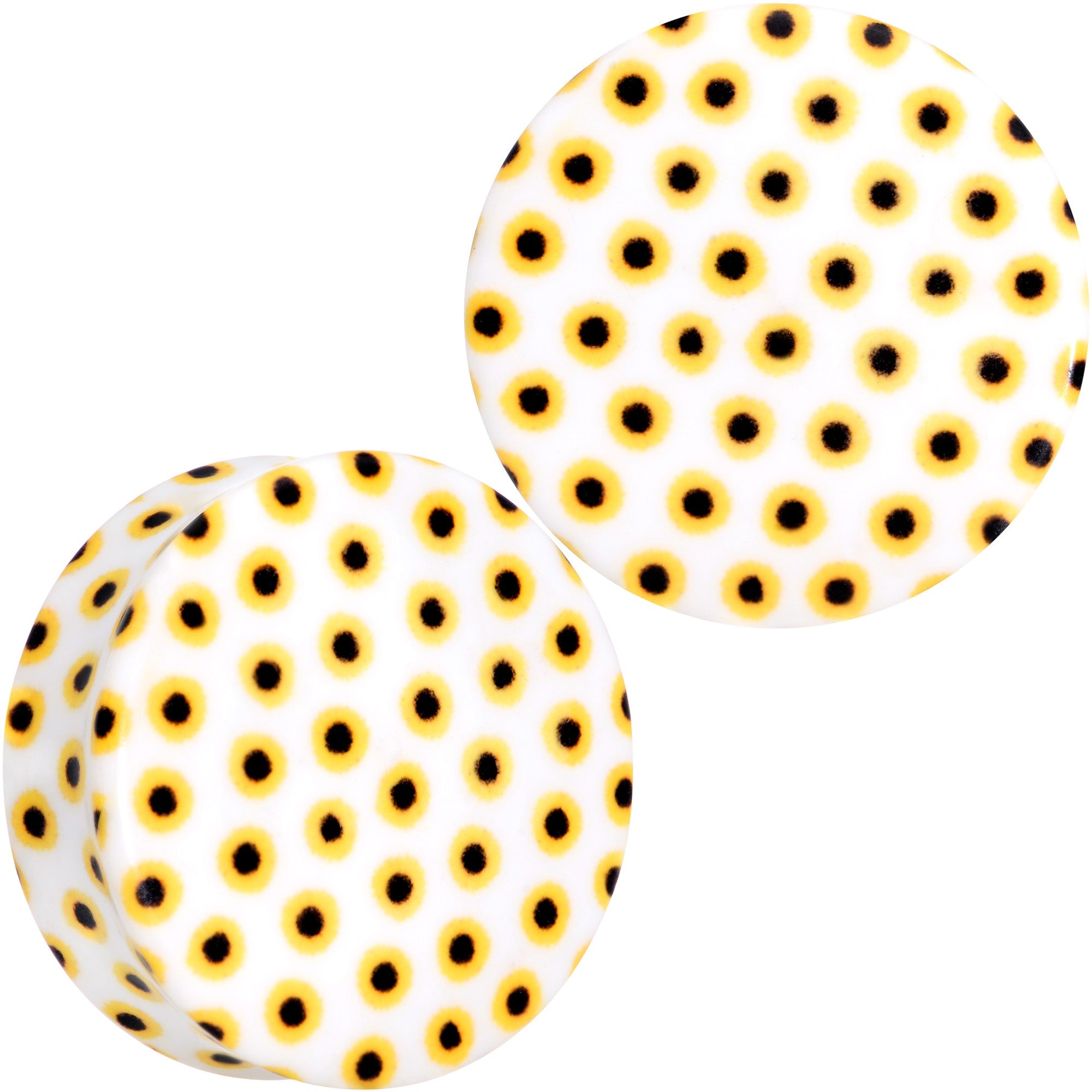 BodyCandy White Acrylic Scores of Sunflowers Double Flare Plug Set — detail close-up
