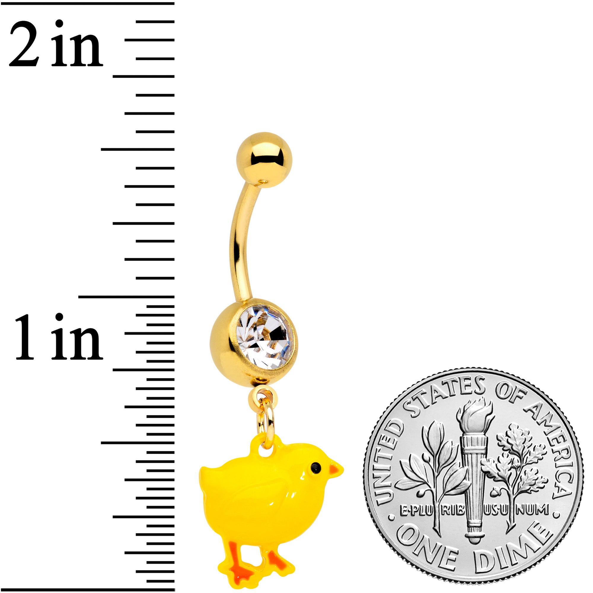 BodyCandy Clear Gem Gold Tone Yellow Easter Chick Dangle Belly Ring — detail close-up