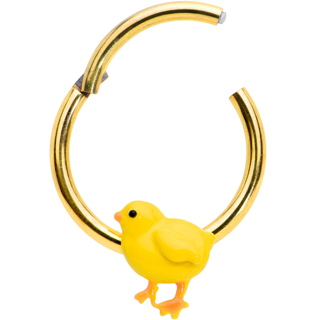 BodyCandy 16G 3/8 Gold Tone Yellow Easter Chick Hinged Segment Ring — detail close-up