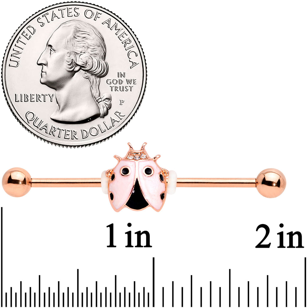 BodyCandy 14G Clear Gem Rose Gold Tone Lil Ladybug Industrial Barbell 38mm — detail close-up