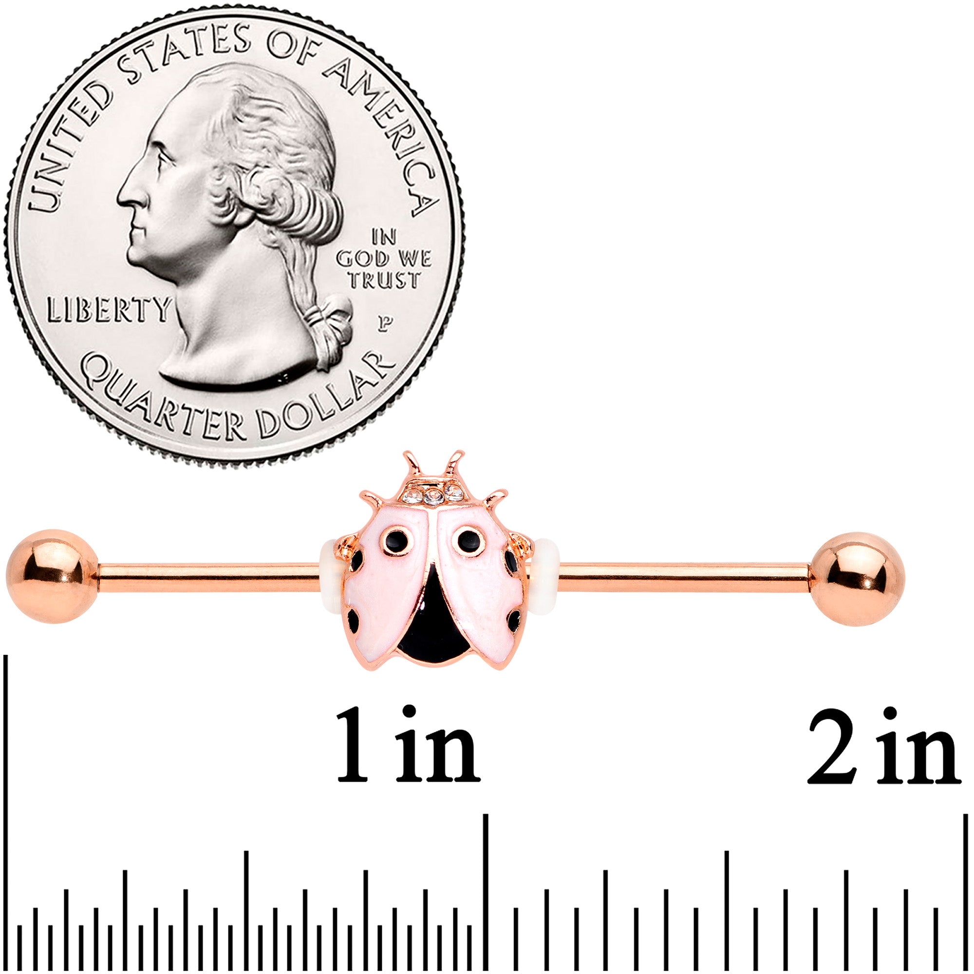 BodyCandy 14G Clear Gem Rose Gold Tone Lil Ladybug Industrial Barbell 38mm — detail close-up