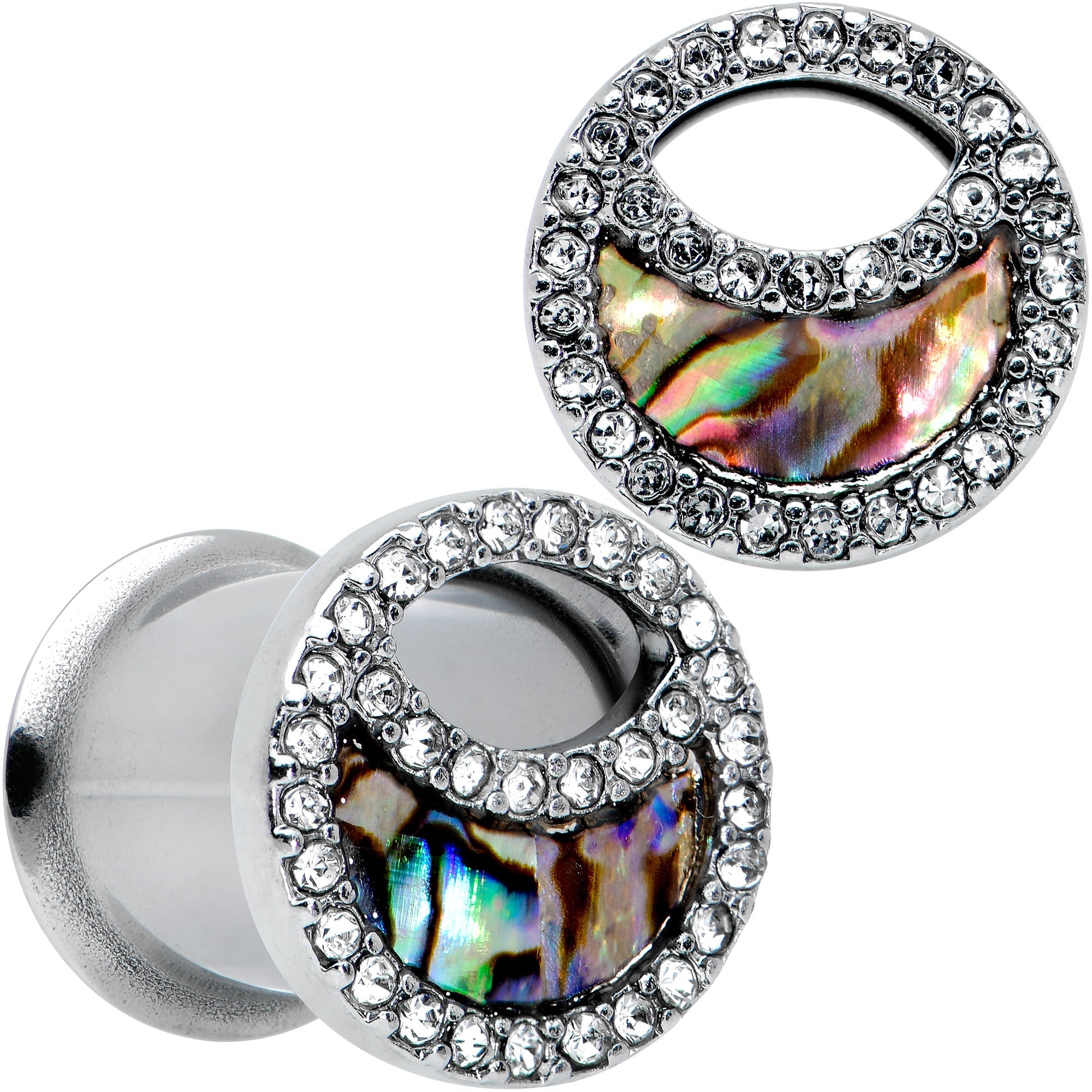 BodyCandy Clear Gem Iridescent Crescent Moon Tunnel Plug Set — in-use photo