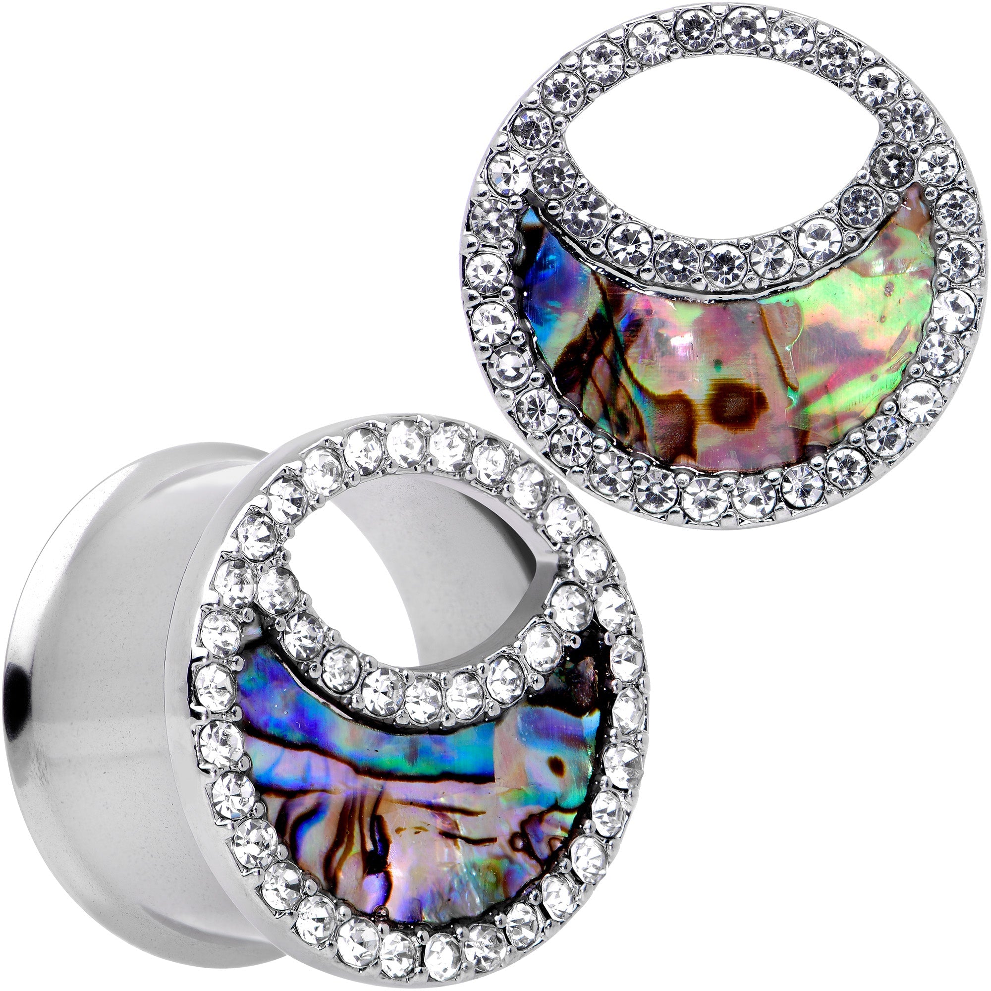 BodyCandy Clear Gem Iridescent Crescent Moon Tunnel Plug Set — comparison shot