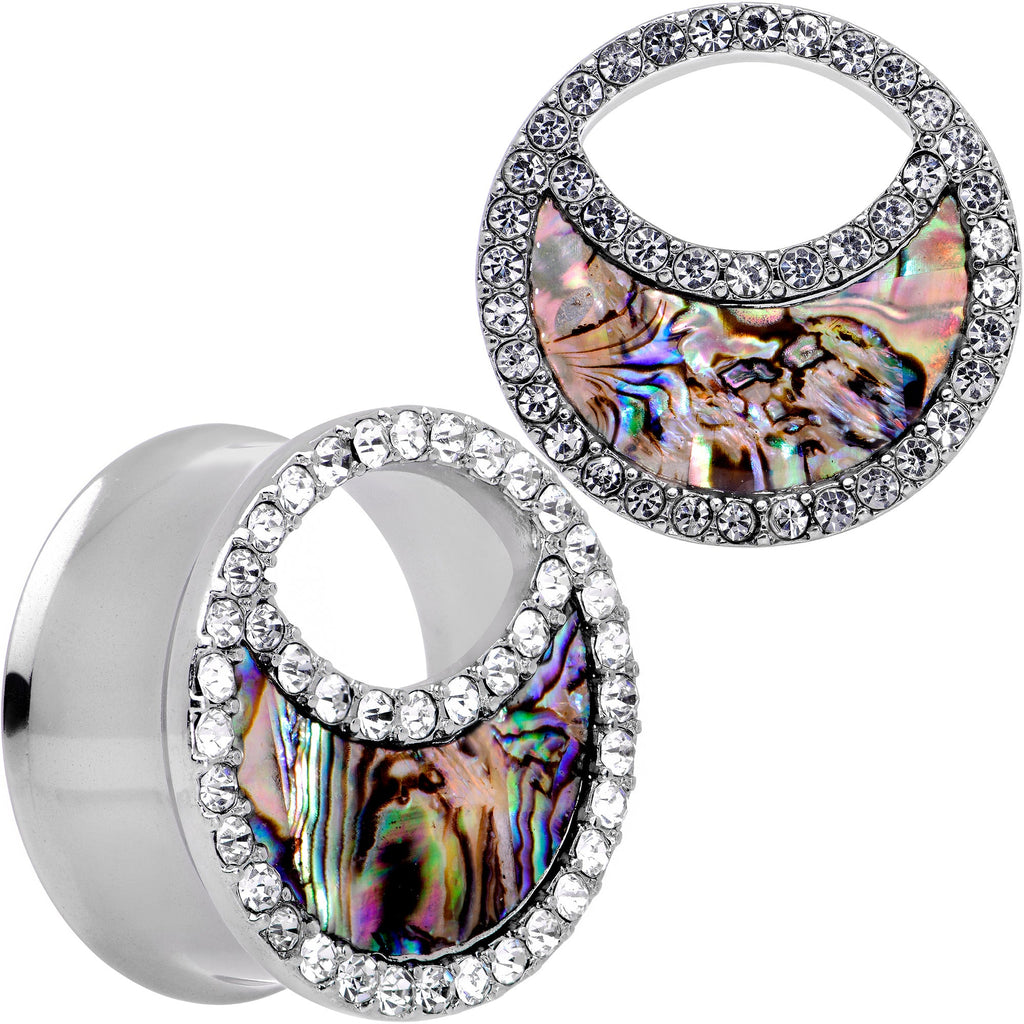 BodyCandy Clear Gem Iridescent Crescent Moon Tunnel Plug Set — detail close-up