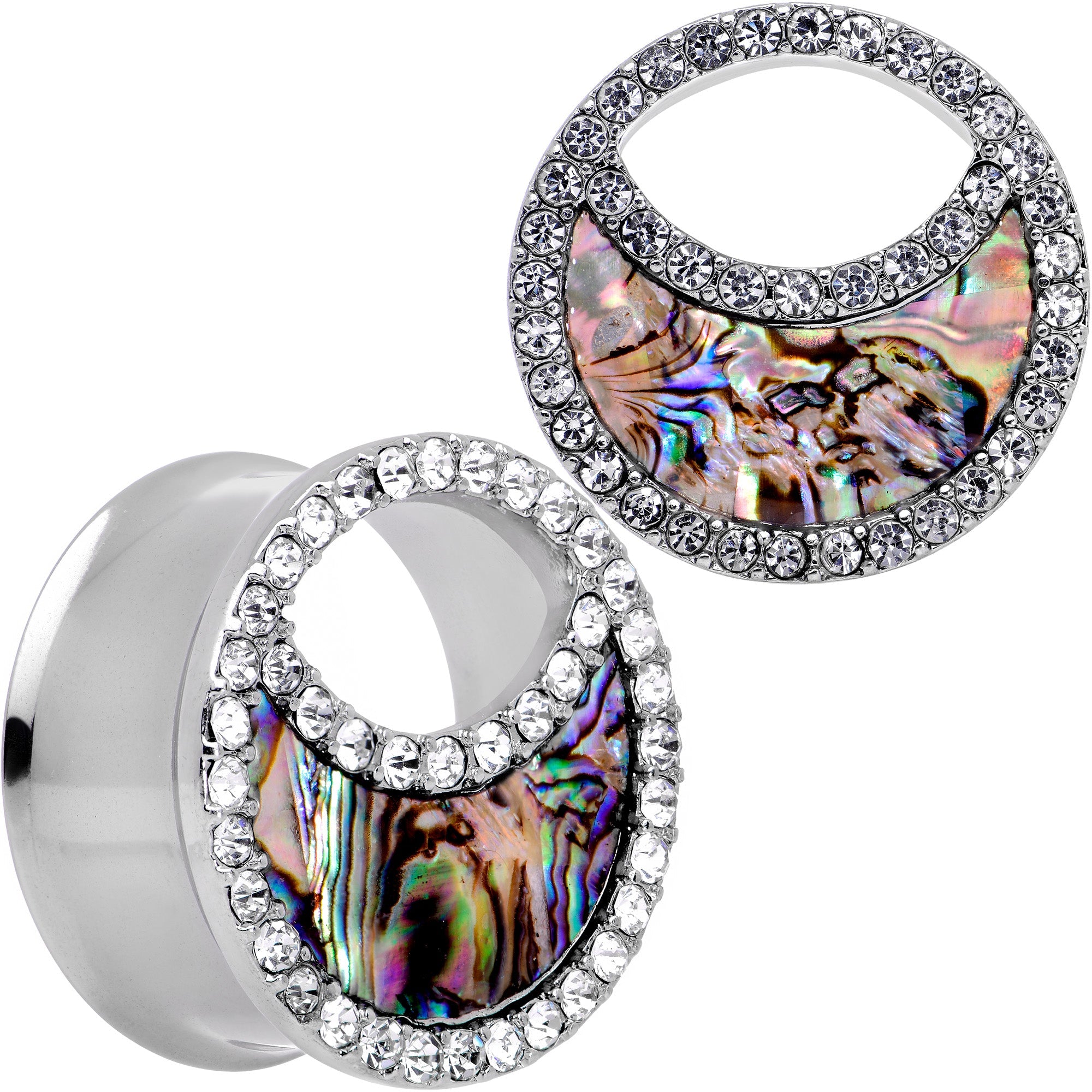 BodyCandy Clear Gem Iridescent Crescent Moon Tunnel Plug Set — detail close-up