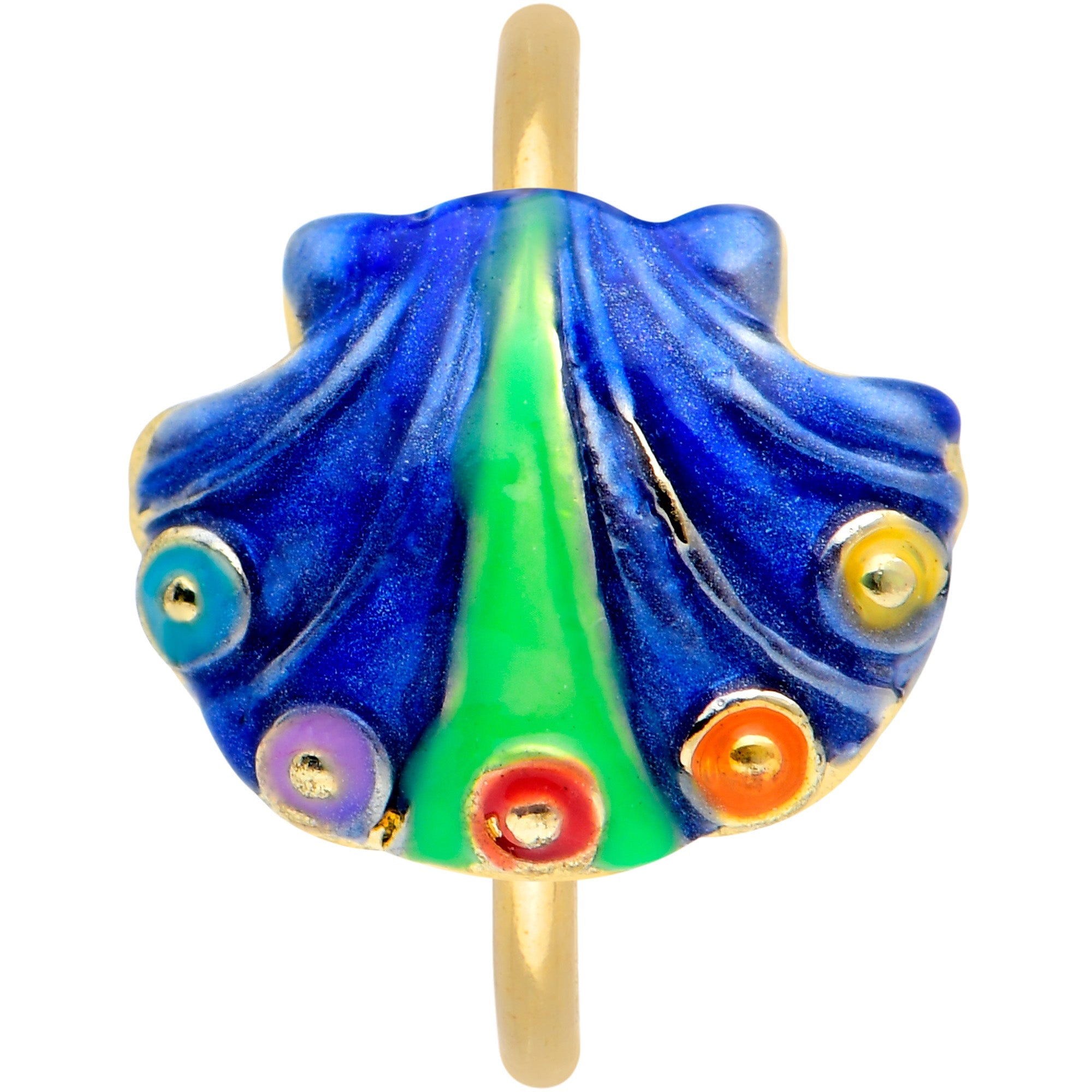 BodyCandy 20G 5/16 Gold Tone Blue Shell Nose Hoop — detail close-up
