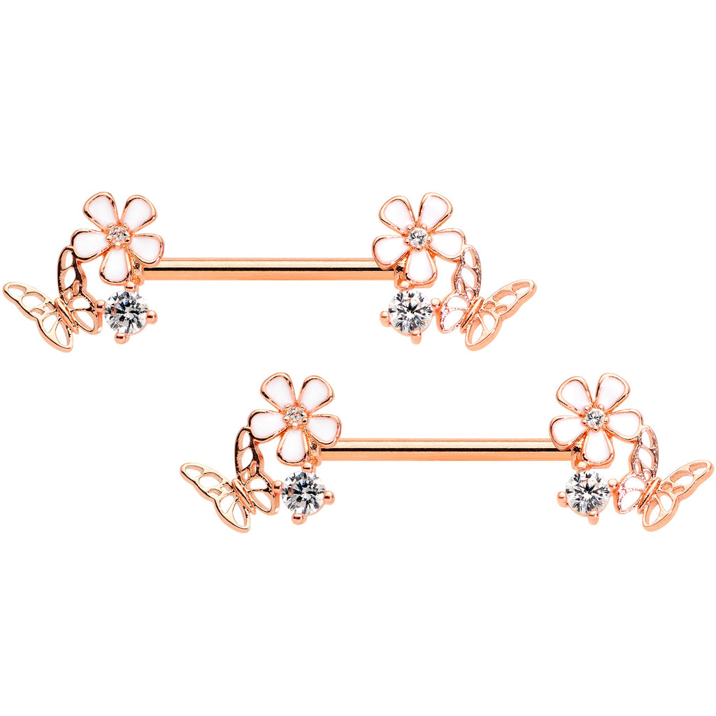 BodyCandy 14G 9/16 Clear CZ Gem Rose Gold Tone Butterfly Nipple Ring Set — main product shot