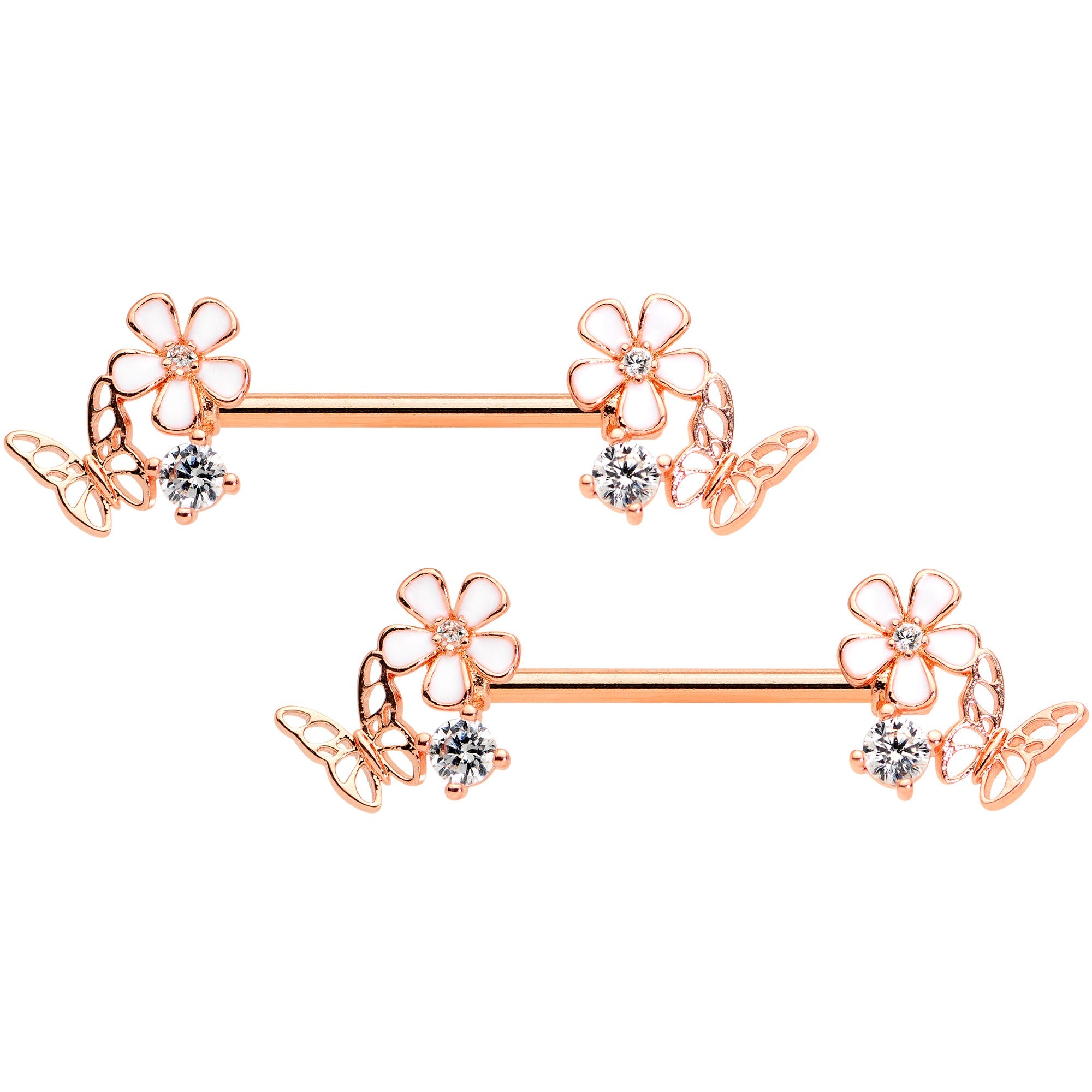 BodyCandy 14G 9/16 Clear CZ Gem Rose Gold Tone Butterfly Nipple Ring Set — main product shot