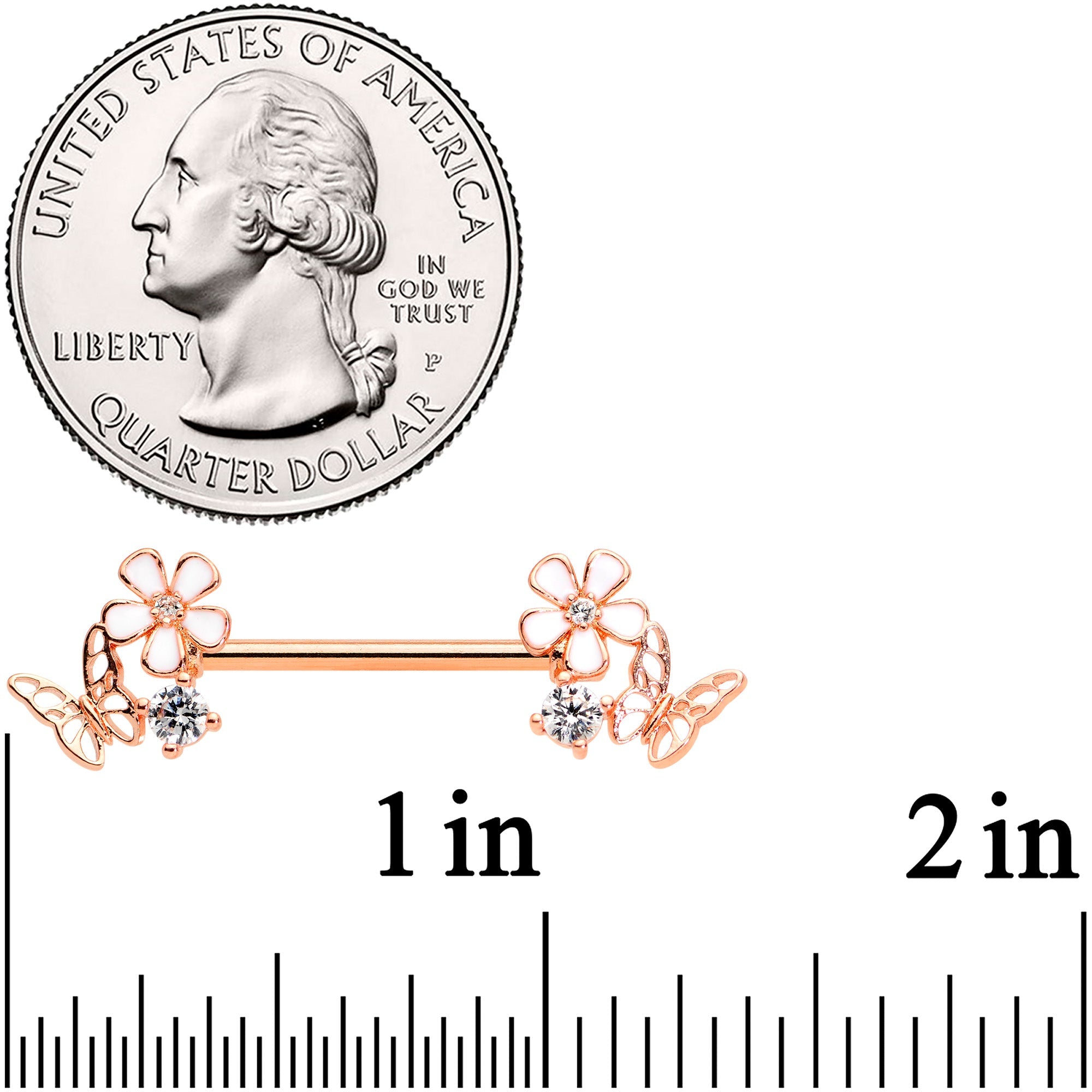 BodyCandy 14G 9/16 Clear CZ Gem Rose Gold Tone Butterfly Nipple Ring Set — detail close-up