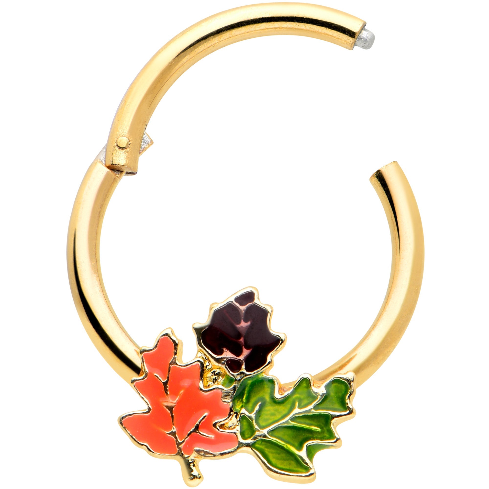 BodyCandy 16G 3/8 Gold Tone Lovely Autumn Leaves Hinged Segment Ring — detail close-up