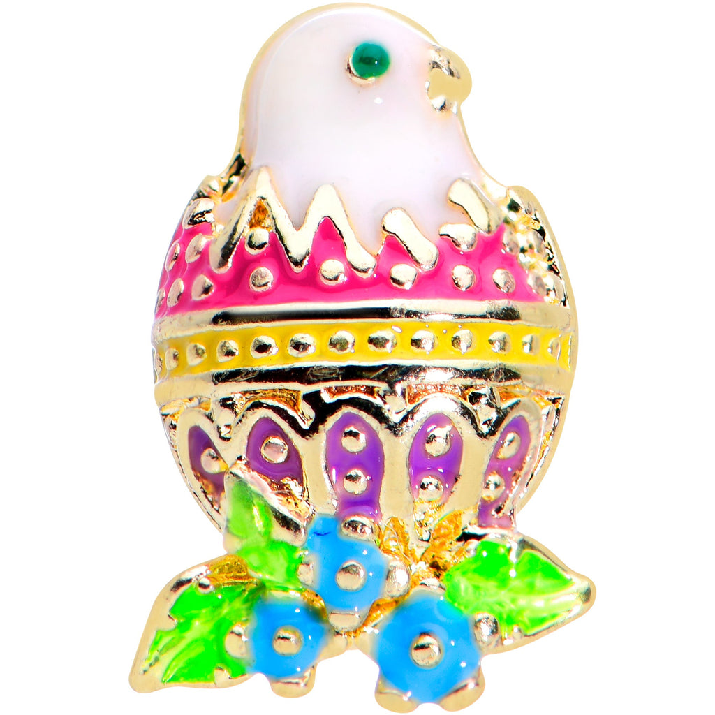 BodyCandy 16G 1/4 Gold Tone Yellow Pink Hatched Easter Chick Tragus Earring — detail close-up