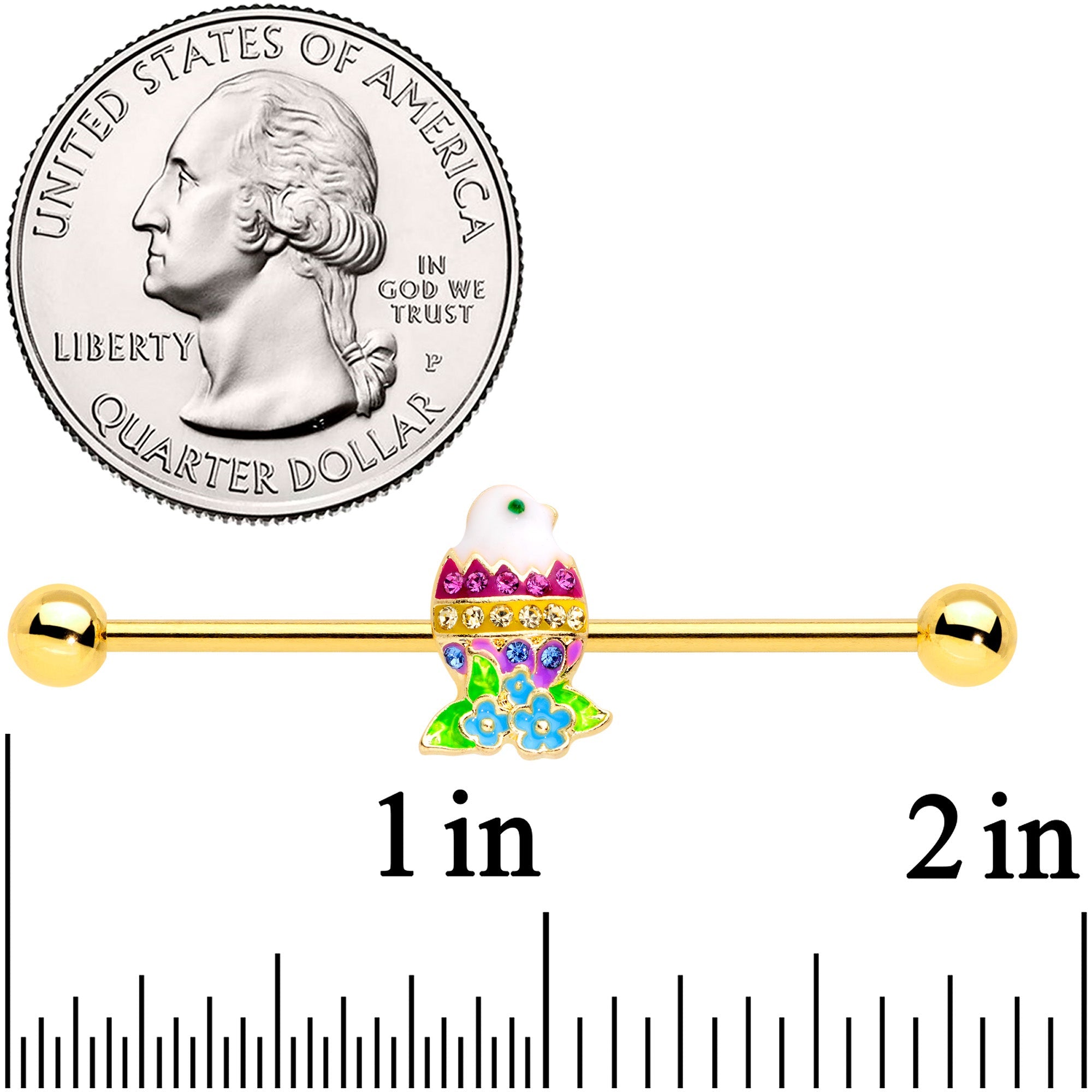 BodyCandy 14G Gold Tone Hatched Chick Easter Egg Industrial Barbell 38mm — detail close-up