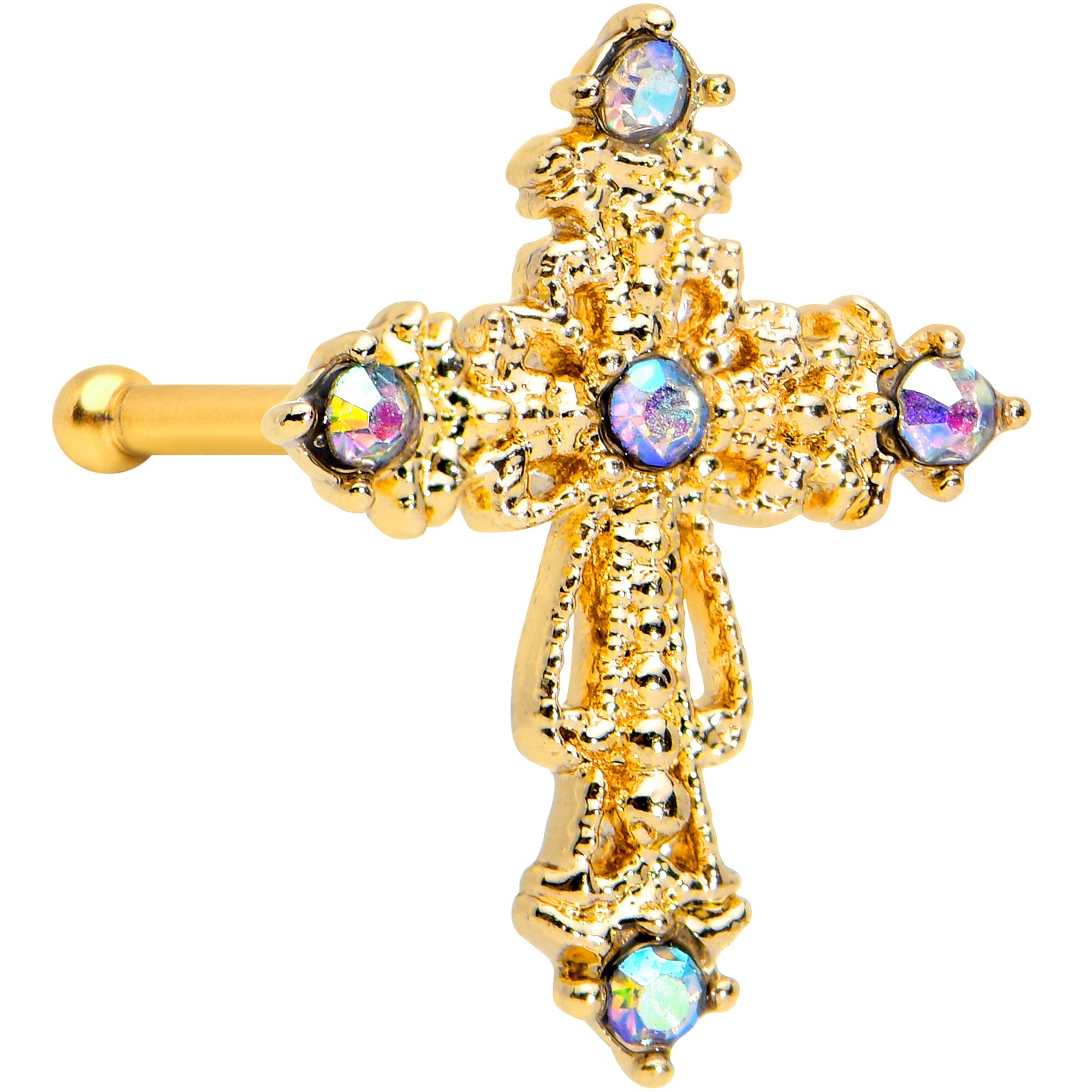 BodyCandy 20G 1/4 Aurora CZ Gem Gold Tone Subtle Cross Nose Bone — main product shot