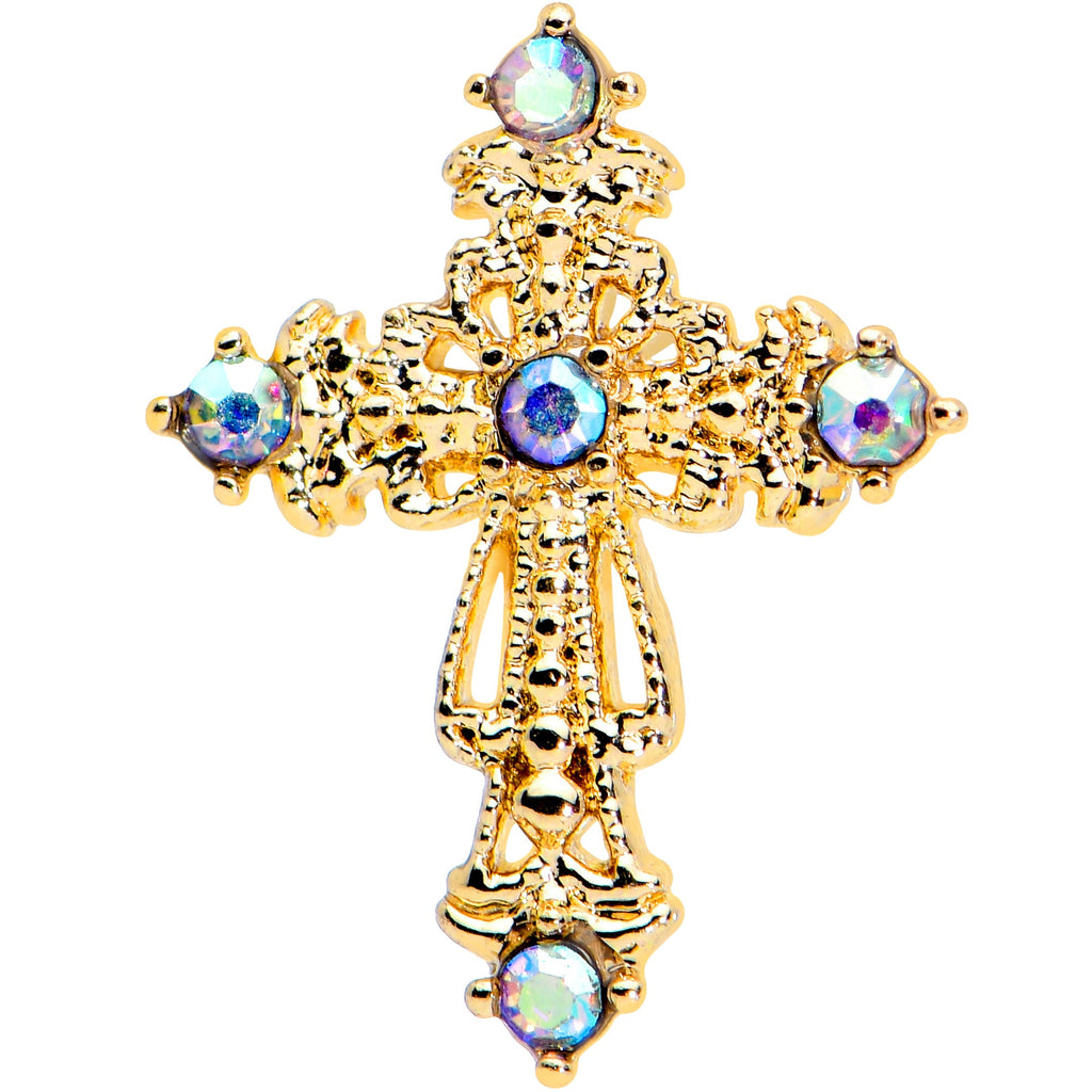 BodyCandy 20G 1/4 Aurora CZ Gem Gold Tone Subtle Cross Nose Bone — detail close-up