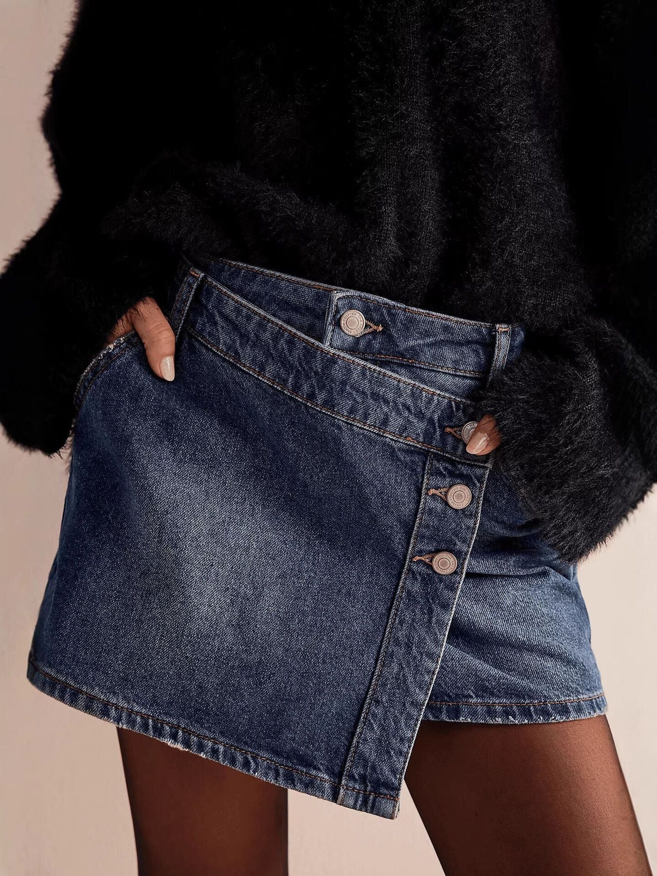 Asymmetrical Button-Front Denim Skirt