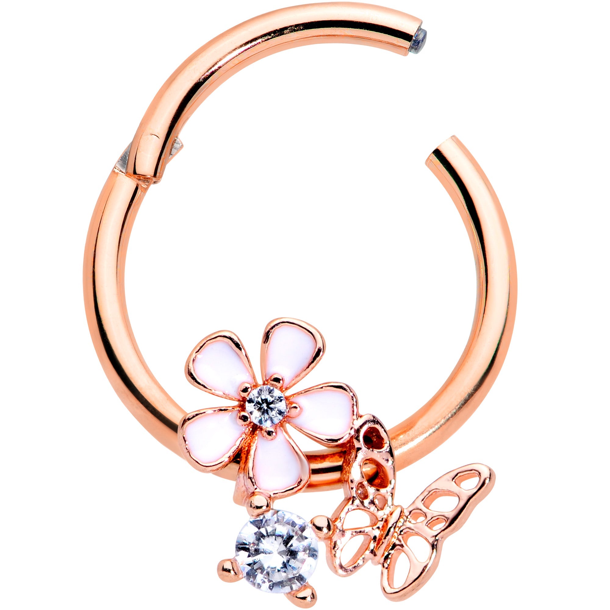 BodyCandy 16G 3/8 Clear CZ Gem Rose Gold Tone Butterfly Flower Segment Ring — detail close-up