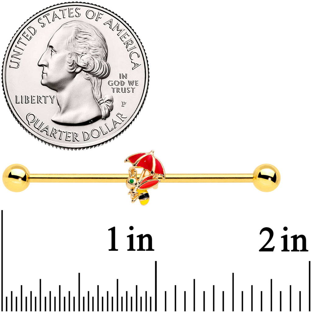 BodyCandy 14G Gold Tone Rainy Day Umbrella Bee Industrial Barbell 38mm — detail close-up