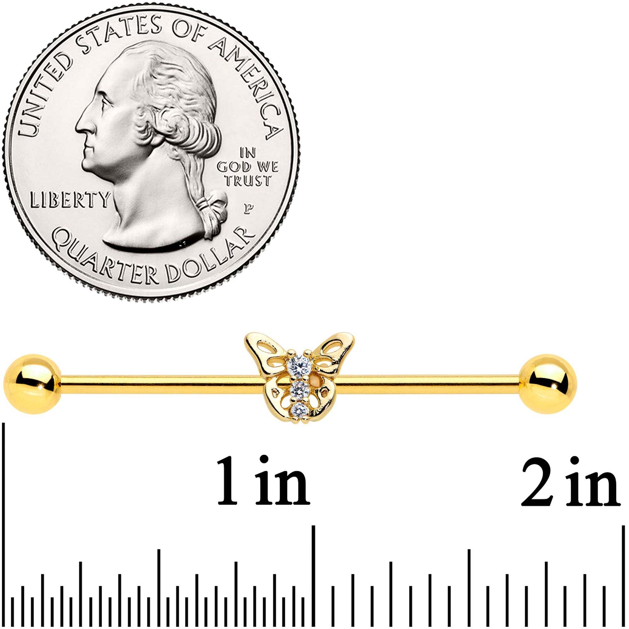 BodyCandy 14G Clear CZ Gem Gold Tone Open Butterfly Industrial Barbell 38mm — detail close-up